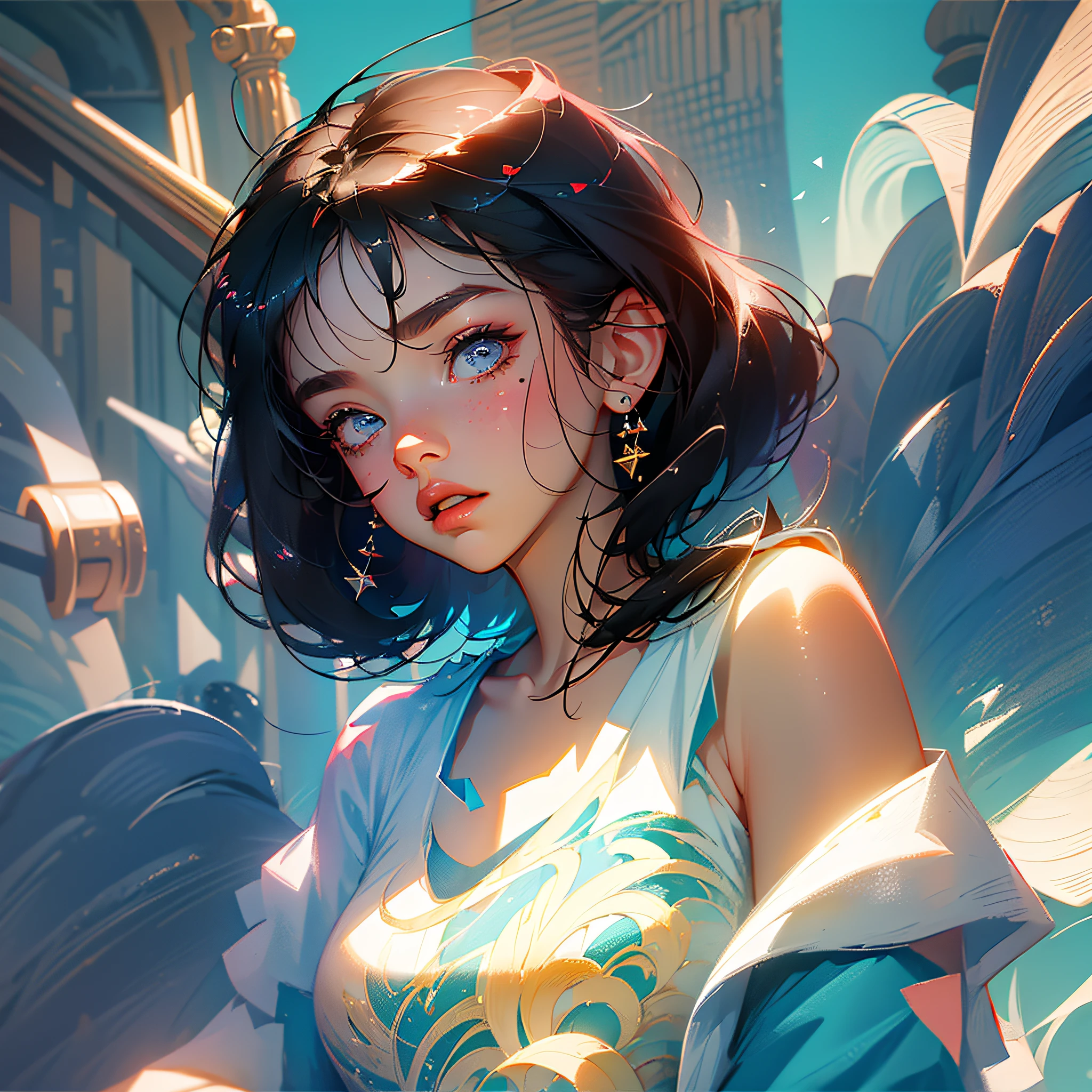 1girl masterpiece, best quality, ((pure blue background)), black hair, floating hair, blush, looking at viewers, white T-shirt, happy, ((front)),upper body, close-up,FilmG, --auto --s2