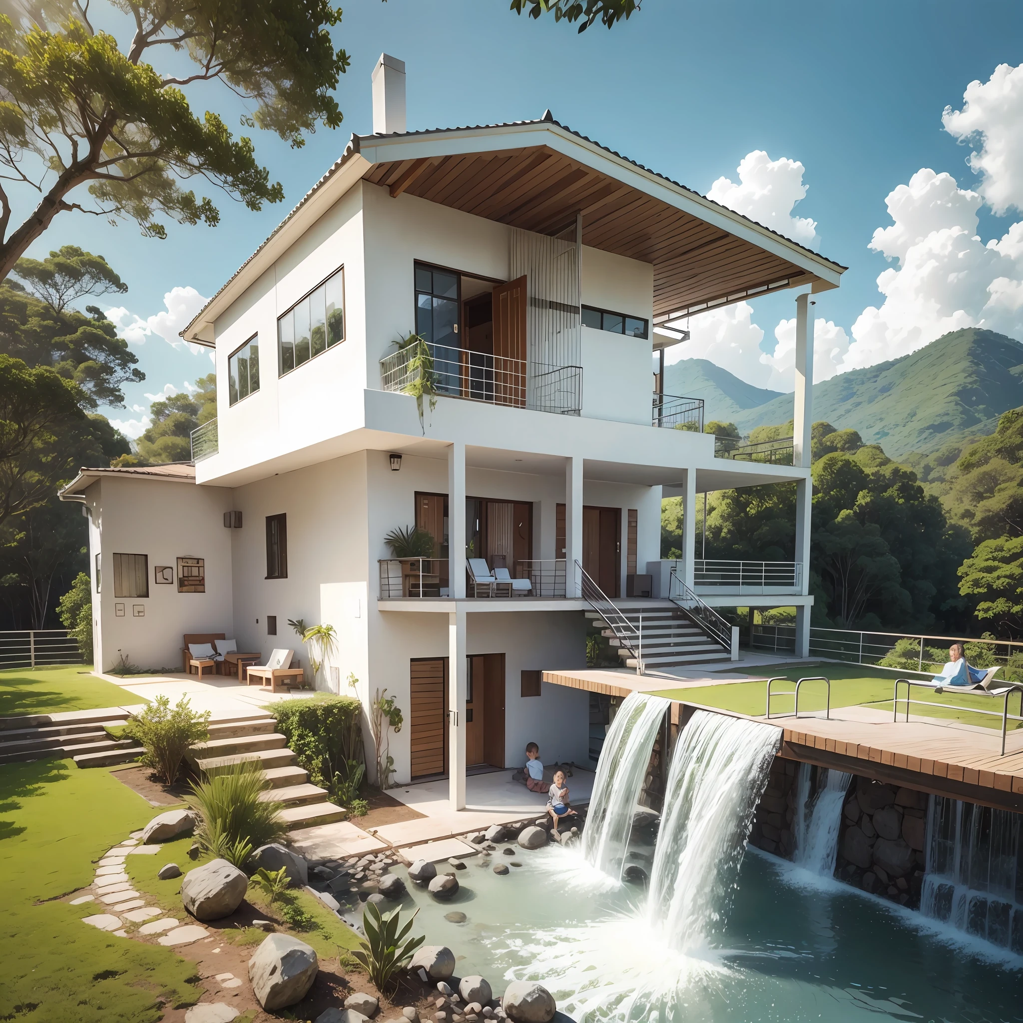 House, white trees, Waterfall, children played, --auto --s2