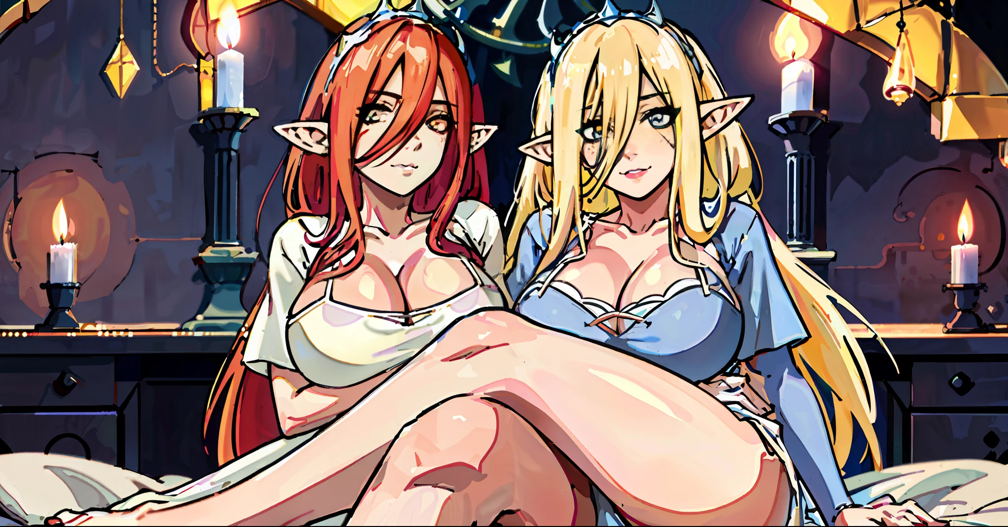 (Masterpiece, best quality), 1 girl, wifu, NSFW, crossed_legs, huge breasts, sicatriz on face, sicatriz on nose, laughs512, dark shadow makeup, dark lips, (white bodycon dress (bluish)), (aroused_face:1.4), medieval room, medieval bed, candles, candle lighting, night, bed, shame, show-off, big chest, panties, light, oversized shirt, (long yellow hair: 1.4), bra,, lying down, legs open, camel finger, in tight panties, elf ears, (((no mistakes))), ((well detailed)), (((extremely well done)))