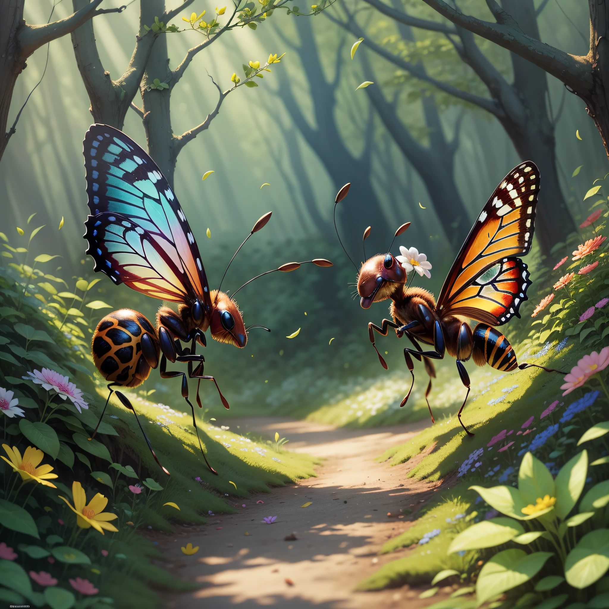 animal ant, dancing, flowers, spring in the forest. Butterflies smiling. musical notes in the air. enchanted world. --auto --s2