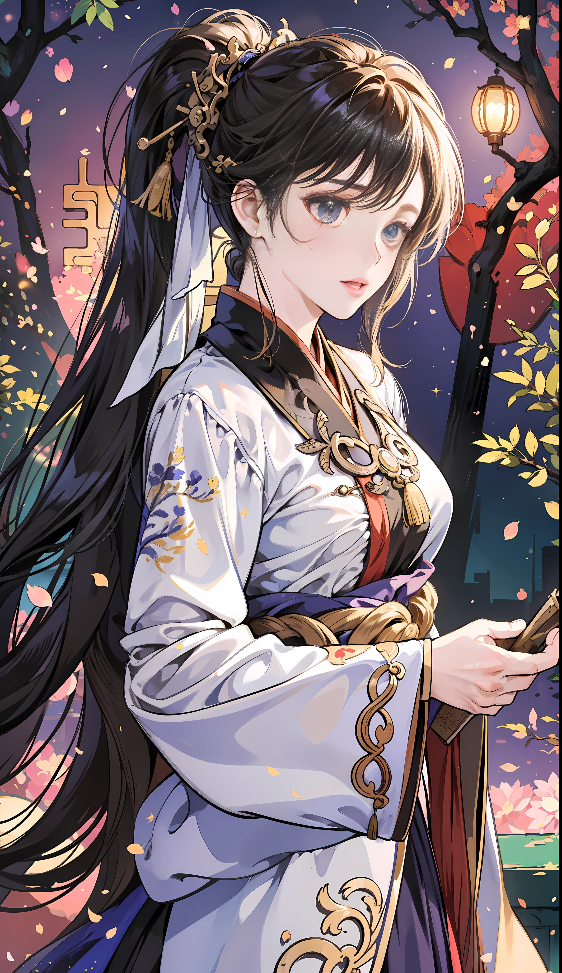 Masterpiece, best quality, high quality, very detailed CG unified 8k wallpaper, girl with long black ponytail, wearing cool period costume Hanfu, handsome, standing fairy streamer national style Chinese style, breeze, needles, branches, bokeh, depth field