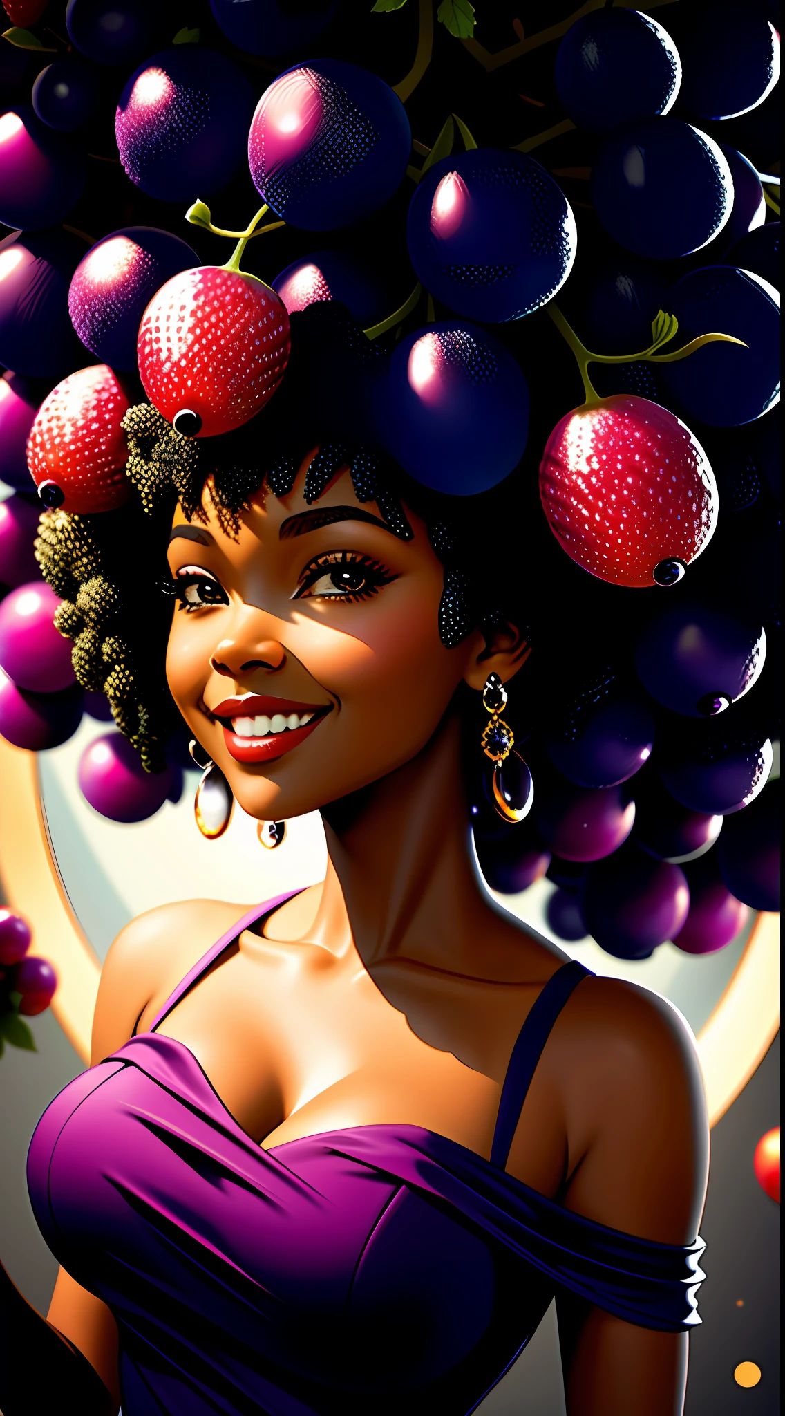 cleavage, grape bodycon dress, ebony woman, ((masterpiece:1.3,concept art,best quality)),very cute appealing anthropomorphic grapes,looking at the viewer,big grin,happy,fruit,berry,droplets,macro,sunlight,fantasy art,dynamic composition,dramatic lighting,epic realistic,award winning illustration