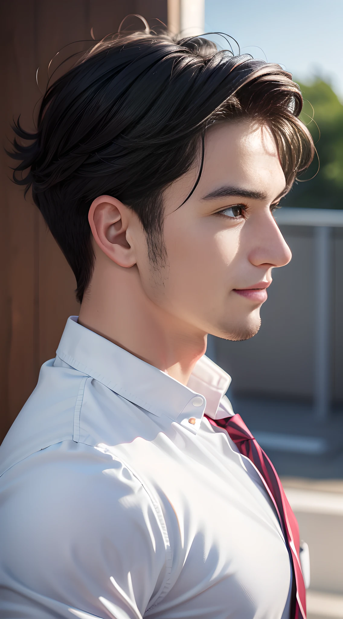 (side view), (handsome high school muscular boy), handsome muscular high school man in the classroom of high school, he wears high school Blazer of the checked pattern of pink & white, mischievous smile, (details: 1 1), natural muscles, high quality, beautiful eyes, (detailed face and eyes), ( No face: 1 2), noise, real photo、... PSD, Sharp Focus, High Resolution 8k, Real & Professional Photography, 8K UHD, Soft Lighting, High Quality, Film Grain, FUJIFILM XT3