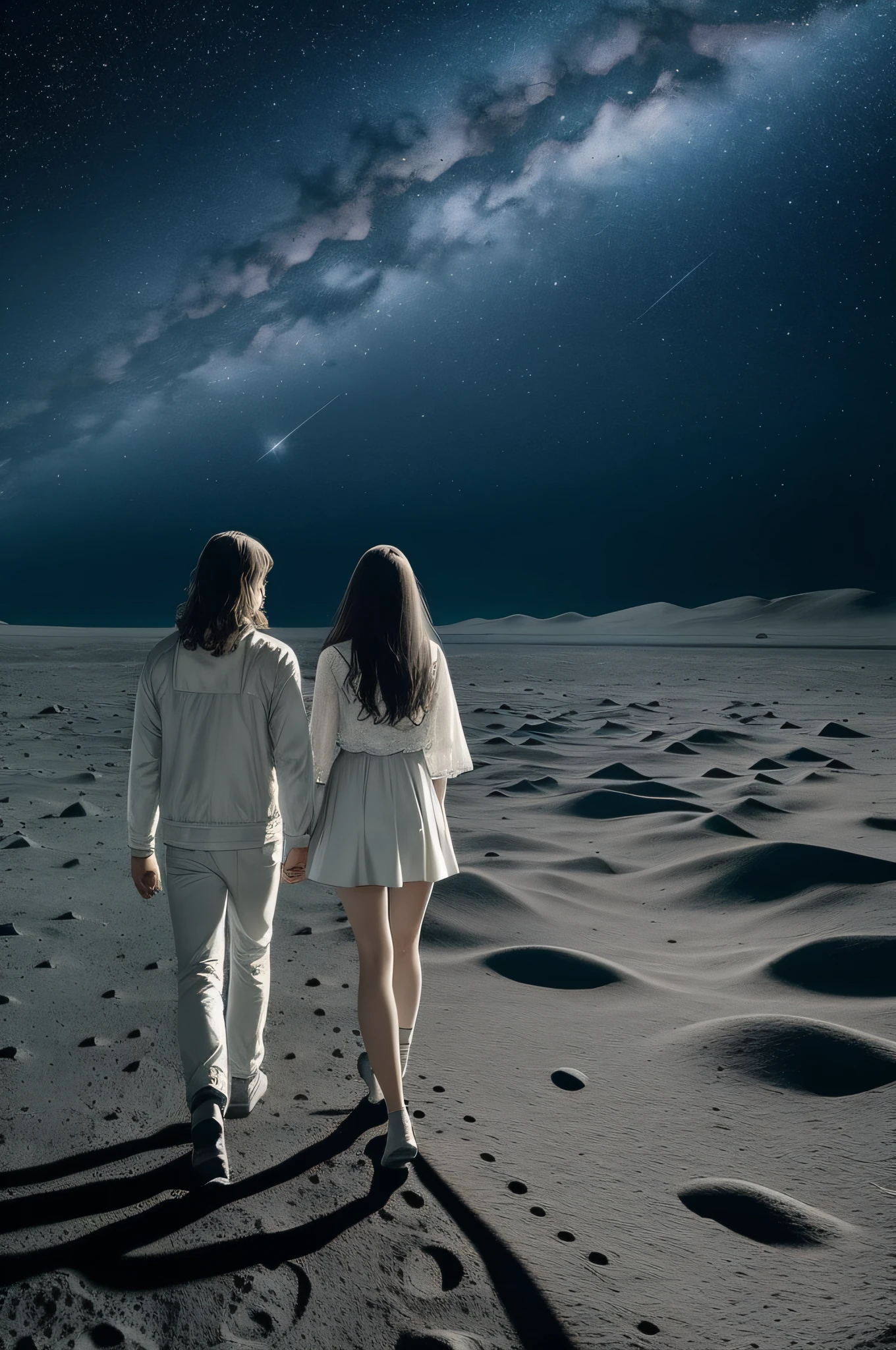Lovers walking on the moon and contemplating the vast outer space with stars and comets, masterpiece, best quality, ultra-detailed, floating scene, light white clothes, loose hair, slightly embraced air, soft light, melancholic feelings