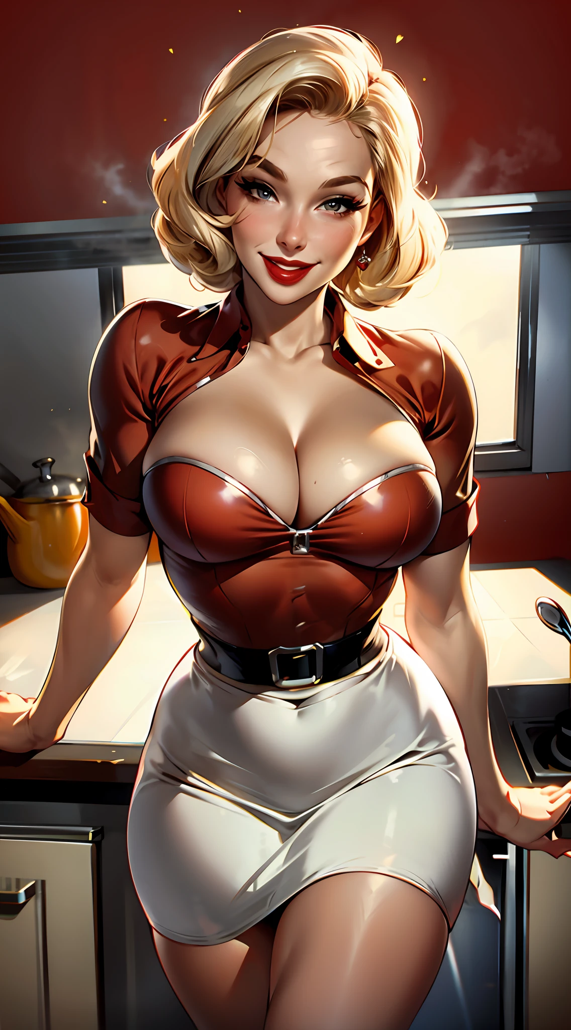 cowboy shot of blonde 1950s pinup, face of estee williams, deep cleavage, red lipstick, happy, innocent smile, white top, kitchen background, realistic