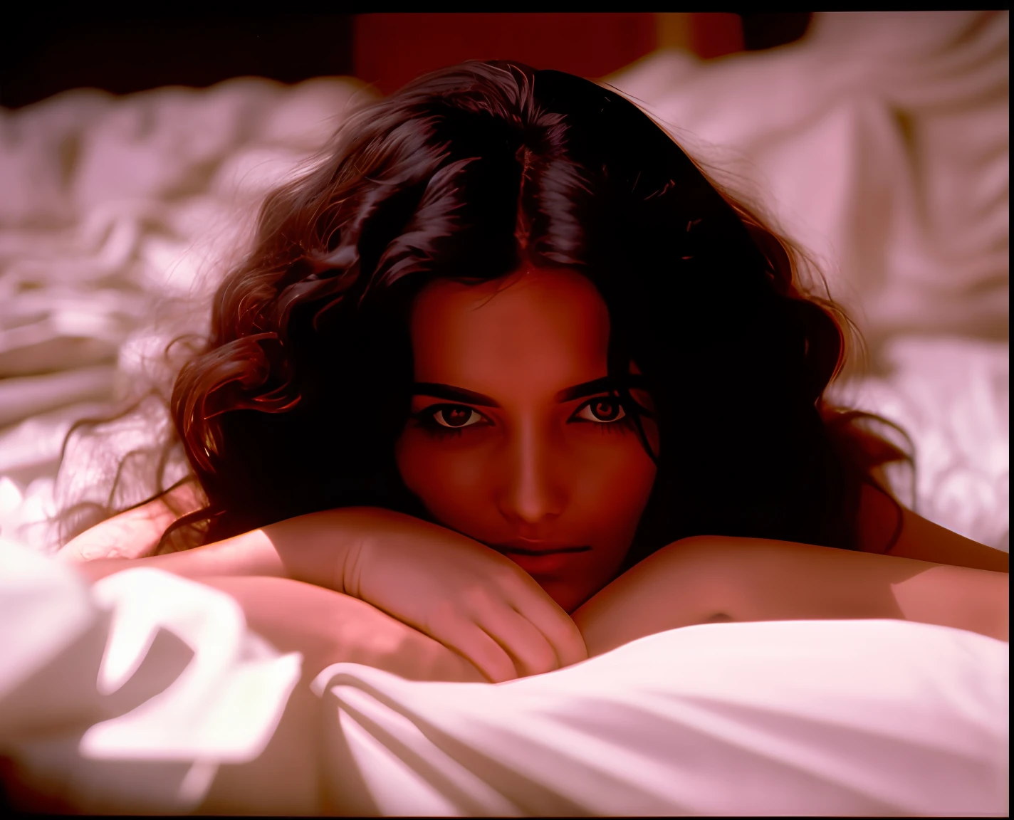 a photo of a woman in a bed with a lot of sheets and we can only see her dark long messy hair, creepy, cinematic, movies, 35 mm, 1970s
