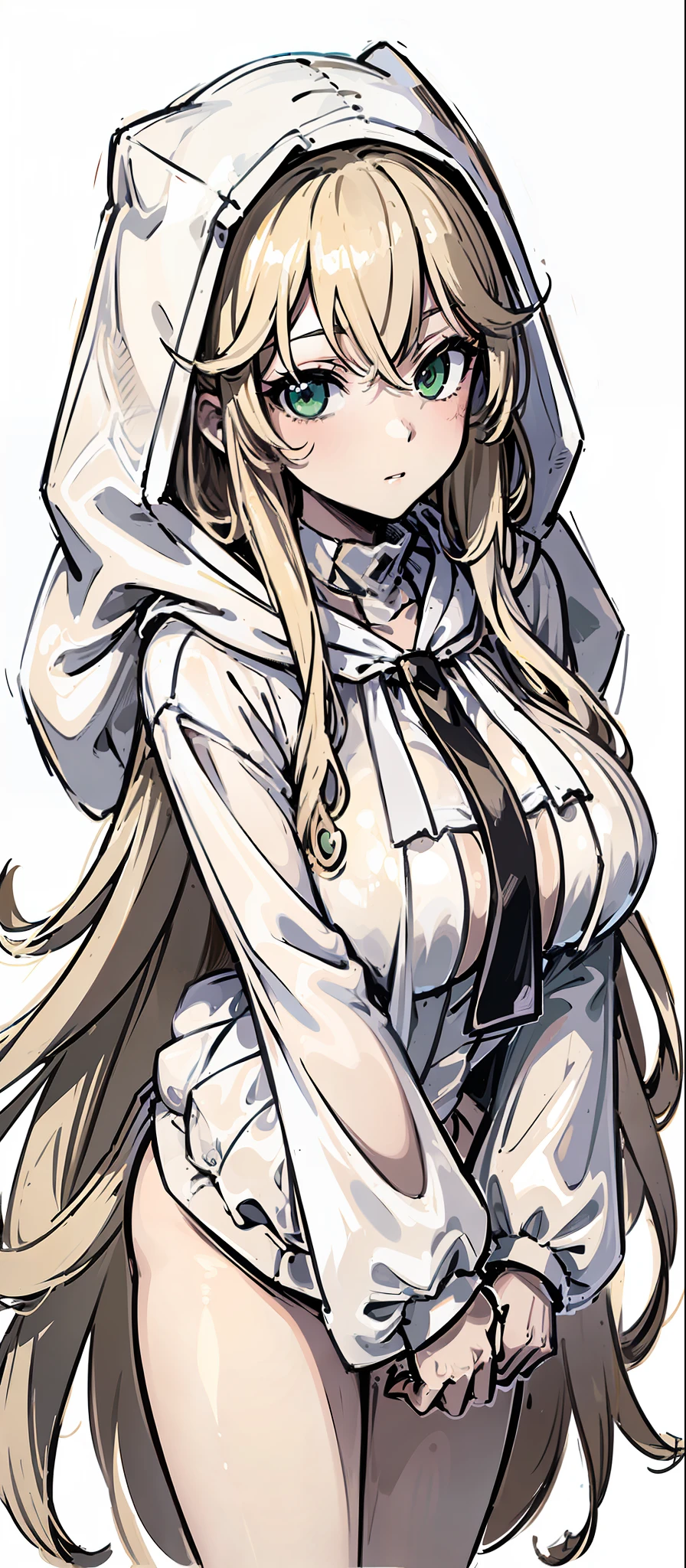 ((masterpiece, illustration, strong contours 1girl, solo, sharp focus, 8k, ultra-detailed)), (blonde beige hair:1.3), ((loli, huge breasts)), long hair, very long hair, green eyes, dark green eyes, selfie, portrait, focus on face, (oversized hood, monochrome white hood:1.3), beautiful, digital art, beautiful, perfection, ((transparent background, monochrome background))