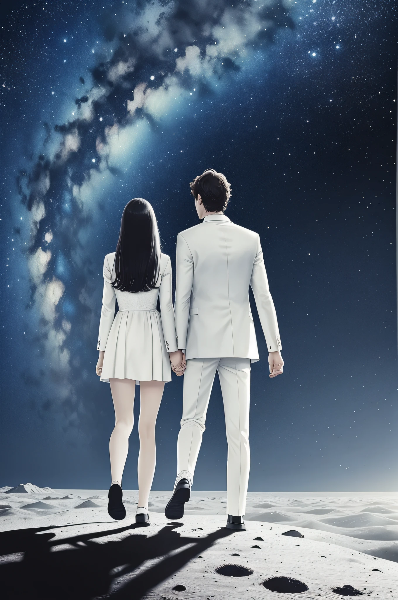 Lovers walking on the moon and contemplating the vast outer space with stars and comets, masterpiece, best quality, ultra-detailed, floating scene, light white clothes, loose hair, slightly embraced air, soft light, melancholic feelings