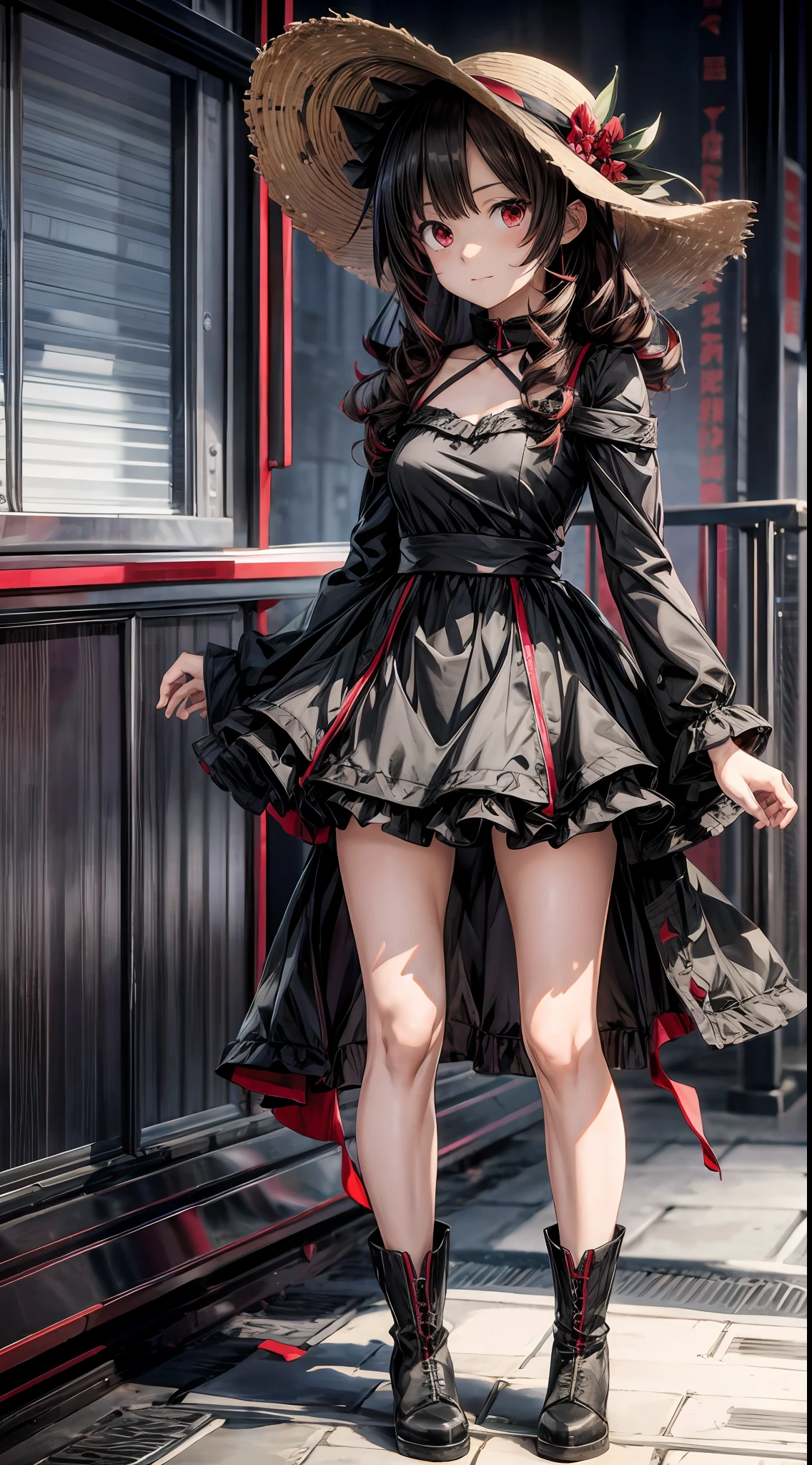 anime style, black dress, boots on the feet, (bright red eyes), straw hat, deadly aspect, stable, 8k, (high definition), high quality