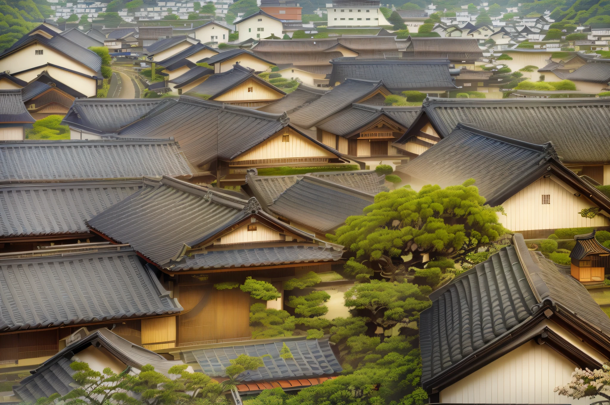 there are many roofs of a building with a lot of plants growing on them, ryokans and edo era houses, edo era house in the background, ehime, roofs, japanese neighborhood, japanese town, tiled roofs, peaked wooden roofs, japanese rural town, roof with vegetation, european japanese buildings, kyoto japan setting, kyoto, edo period, residential area