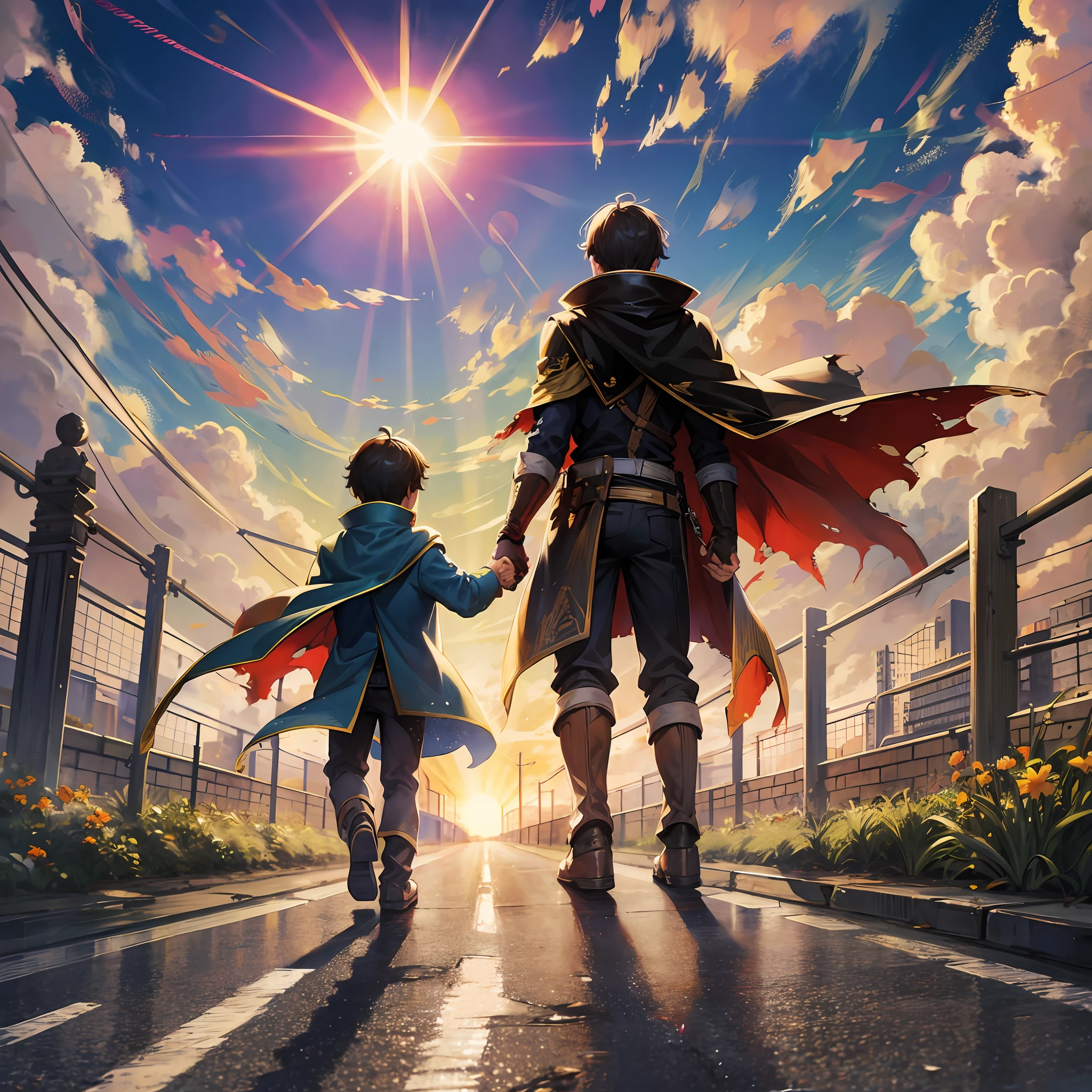 Super hero with torn cape holding his son's hand on a road looking at the sun --auto --s2
