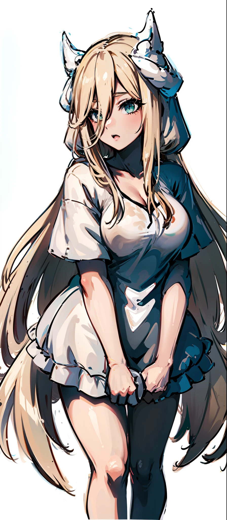 ((masterpiece, illustration, strong contours 1girl, solo, sharp focus, 8k, ultra-detailed)), (blonde beige hair:1.3), ((loli, huge breasts)), long hair, very long hair, green eyes, dark green eyes, selfie, portrait, focus on face, Elf ears, (oversized hood, monochrome white hood: 1.3), beautiful, digital art, beautiful, perfection, ((transparent background, monochrome background))