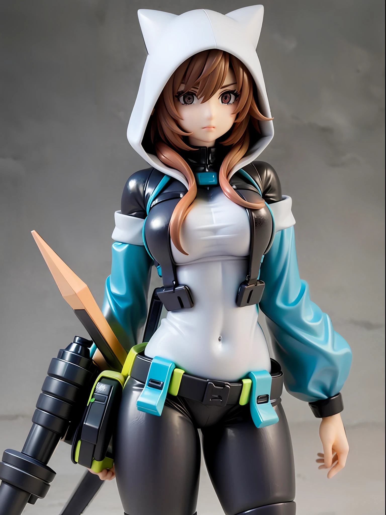 Girl, wearing a hood, neon color, holding a mysterious huge weapon, machine, white background, no background