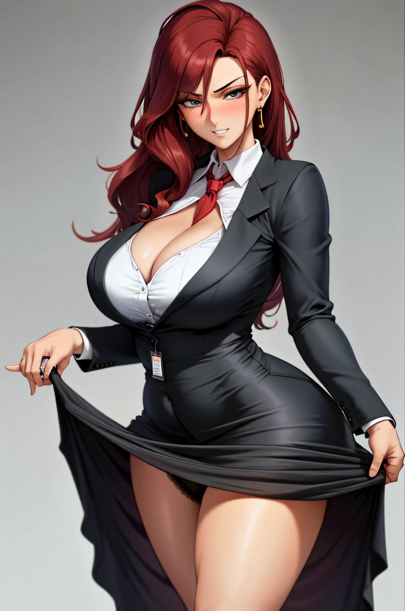 1girl,(long face),(id card),(masterpiece:1.2), (best quality:1.2), heavy breathing, perfect eyes, perfect face, perfect lighting, plump, mature female, large breasts, cleavage, business suit, very long hair, dark red hair, wavy hair, earrings, ring, short skirt, short dress, skirt lift, dress lift, lifted by self, office, detailed background, heavy pubic hair, smug, black underwear, teeth hold, blush, looking back