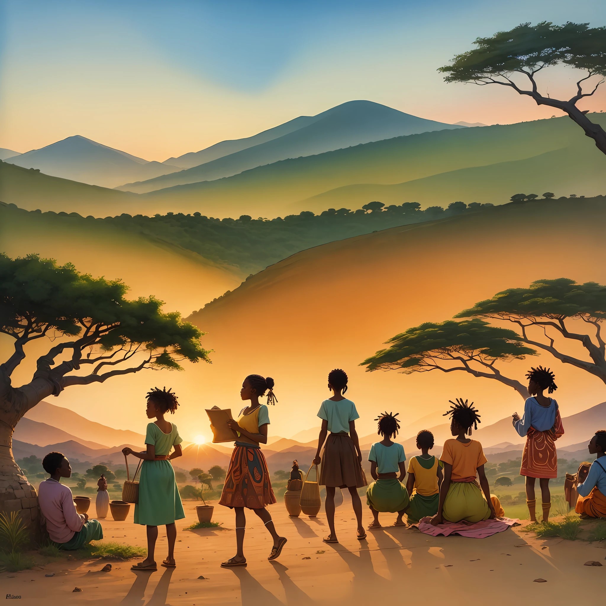 A watercolor painting shows vibrant African villagers engaging in community activities and valuing their cultural heritage against a backdrop of rolling hills, baobab trees and a radiant sunset --auto --s2