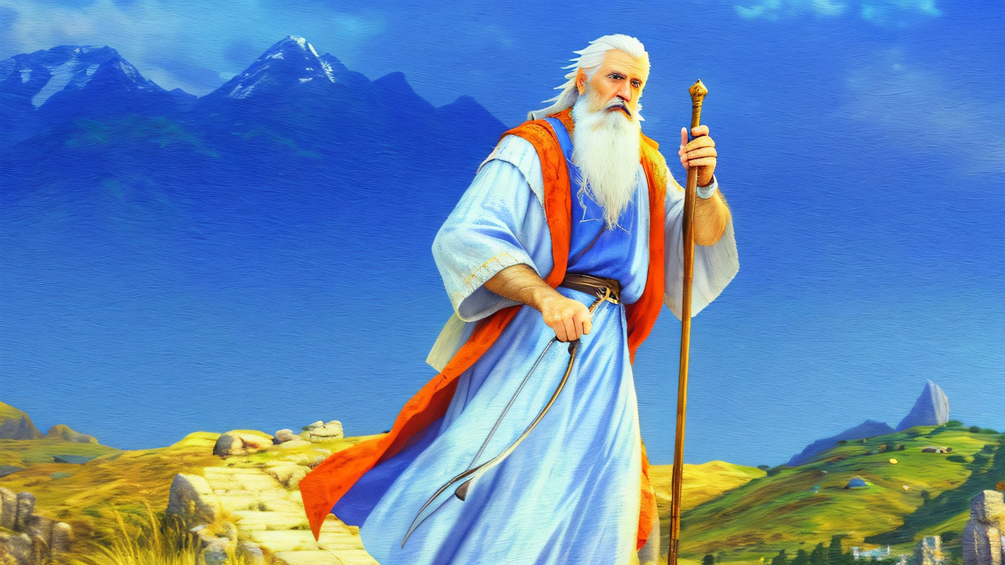 Photo Raw, (realistic), (masterpiece), (best quality), there is a handsome old male man with a right hand staff, [((eyes high details))], (skin high details), [(hands high details)], Noah, with white hair and beard with looking forward, walking, background mountains, epic biblical representation, 8k, UHD, cinematic lighting, --s2