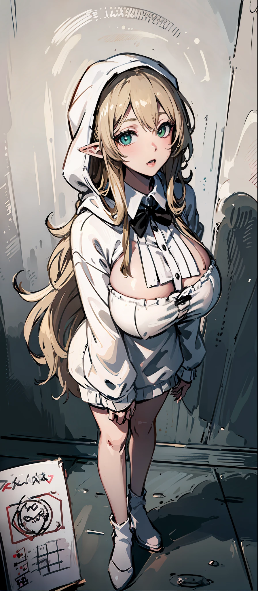 ((masterpiece, illustration, strong contours 1girl, solo, sharp focus, 8k, ultra-detailed)), (blonde beige hair:1.3), ((young, huge breasts)), white skin (pink), long hair, very long hair, green eyes, dark green eyes, selfie, portrait, focus on face, Elf ears, (oversized hood, monochrome white hood:1.3), beautiful, digital art, beautiful, perfection, ((transparent background, monochrome background)), (((no errors))), ((well detailed)), (((extremely well done)))