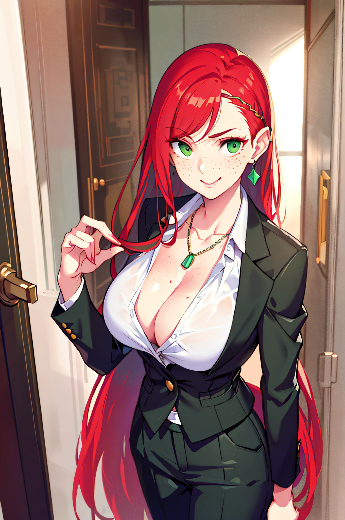 (masterpiece:1.2, best quality), 1lady, solo, upper body, big tits, hard, cleavage with freckles, red hair, green eyes, embarrassed smile, embarrassed
black Fitted blazer with tailored trousers and classic pumps
Sleek and polished with a bold lip color
(Business meeting, in office)
Timeless watch and minimalistic jewelry
Sleek, straight hair