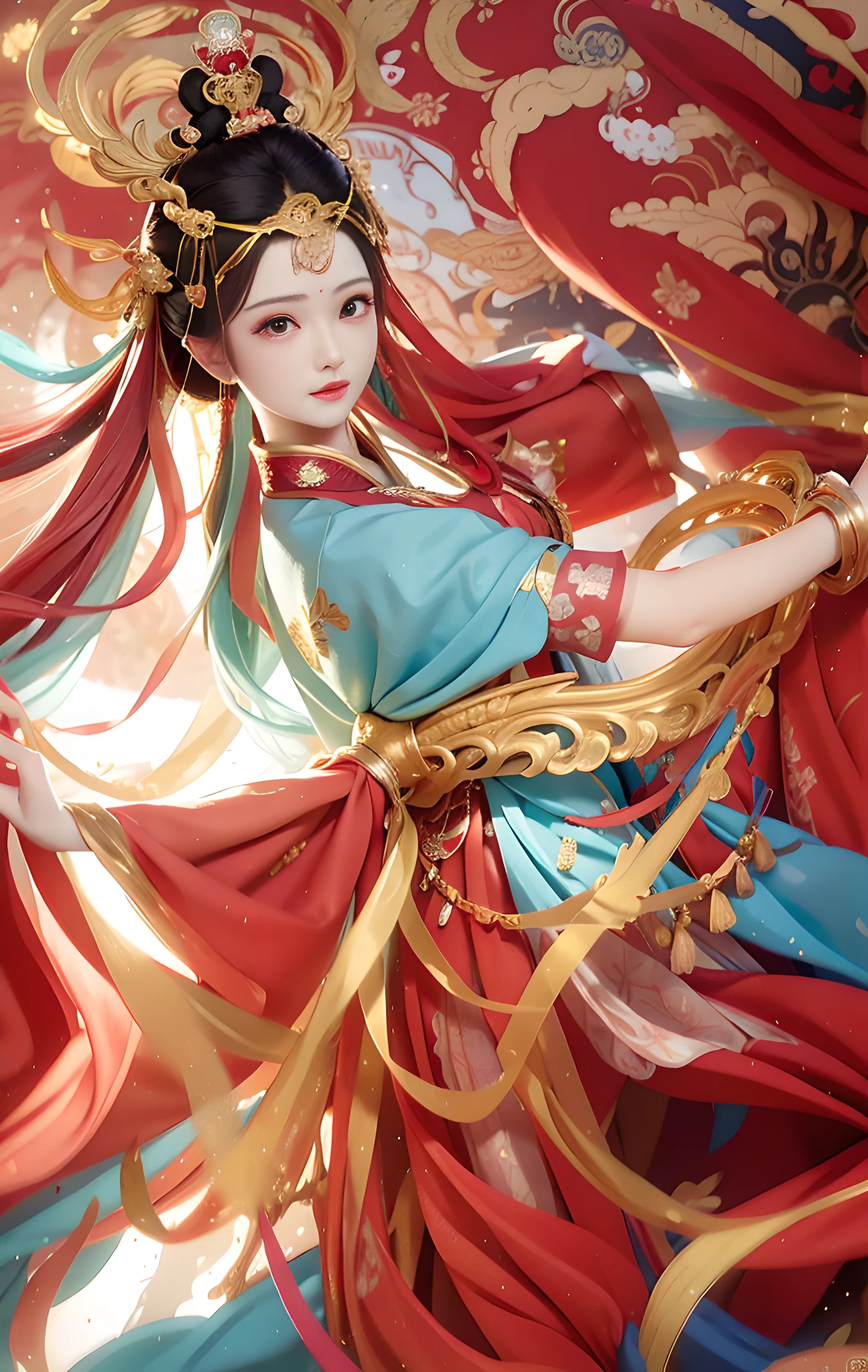 araffe woman in a red and blue dress with a gold crown, artwork in the style of guweiz, palace ， a girl in hanfu, inspired by Lan Ying, guweiz, inspired by Ju Lian, bian lian, hanfu, beautiful digital artwork, beautiful render of tang dynasty, inspired by Lü Ji, inspired by Qiu Ying