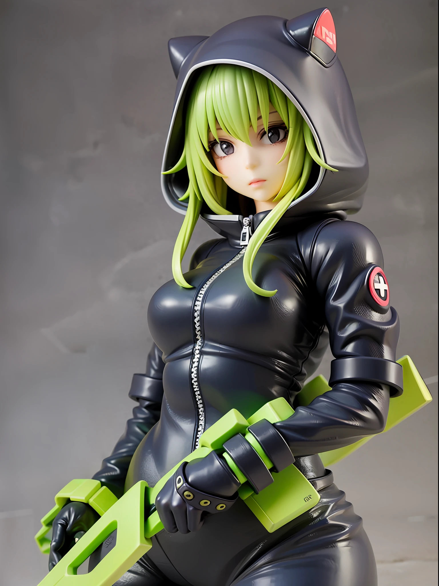 Girl, wearing a hood, neon color, holding a mysterious huge weapon, machine, white background, no background