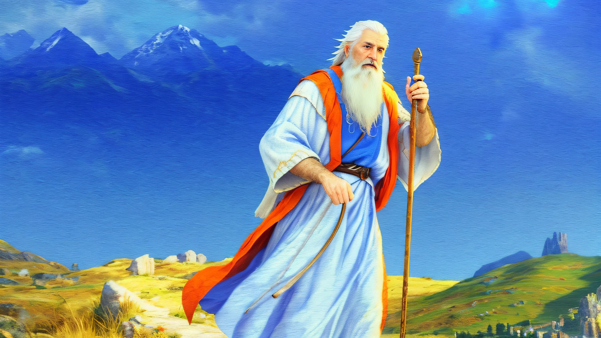 Photo Raw, (realistic), (masterpiece), (best quality), there is a handsome old male man with a right hand staff, [((eyes high details))], (skin high details), [(hands high details)], Noah, with white hair and beard with looking forward, walking, background mountains, epic biblical representation, 8k, UHD, cinematic lighting, --s2