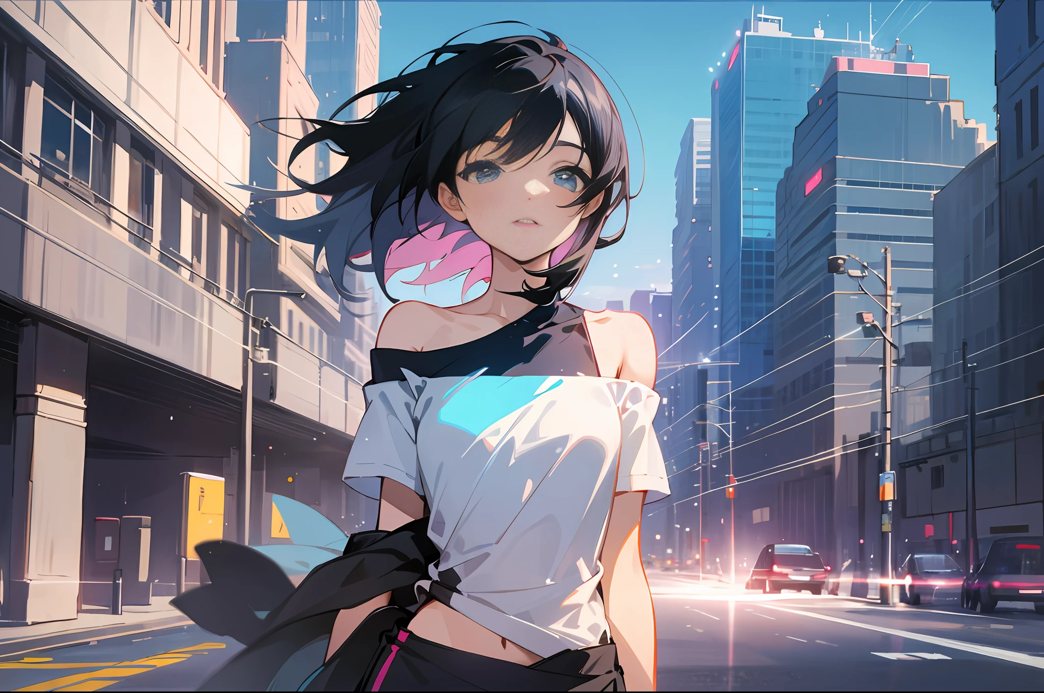 A beautiful woman, urban style, sexy figure, white round neck off-the-shoulder t-shirt with exposed waist, shoulder-length black hair, leggings, comfortable sneakers, very delicate and beautiful, night, ((looking at the sky: 1.3)), excellent illustration, delicate face, 8k resolution, very detailed, clear images, digital painting, concept art, fashion trends on pixiv, Makoto Shinkai's style, eyes focus, gradient colour eyes, jewel_ like eyes