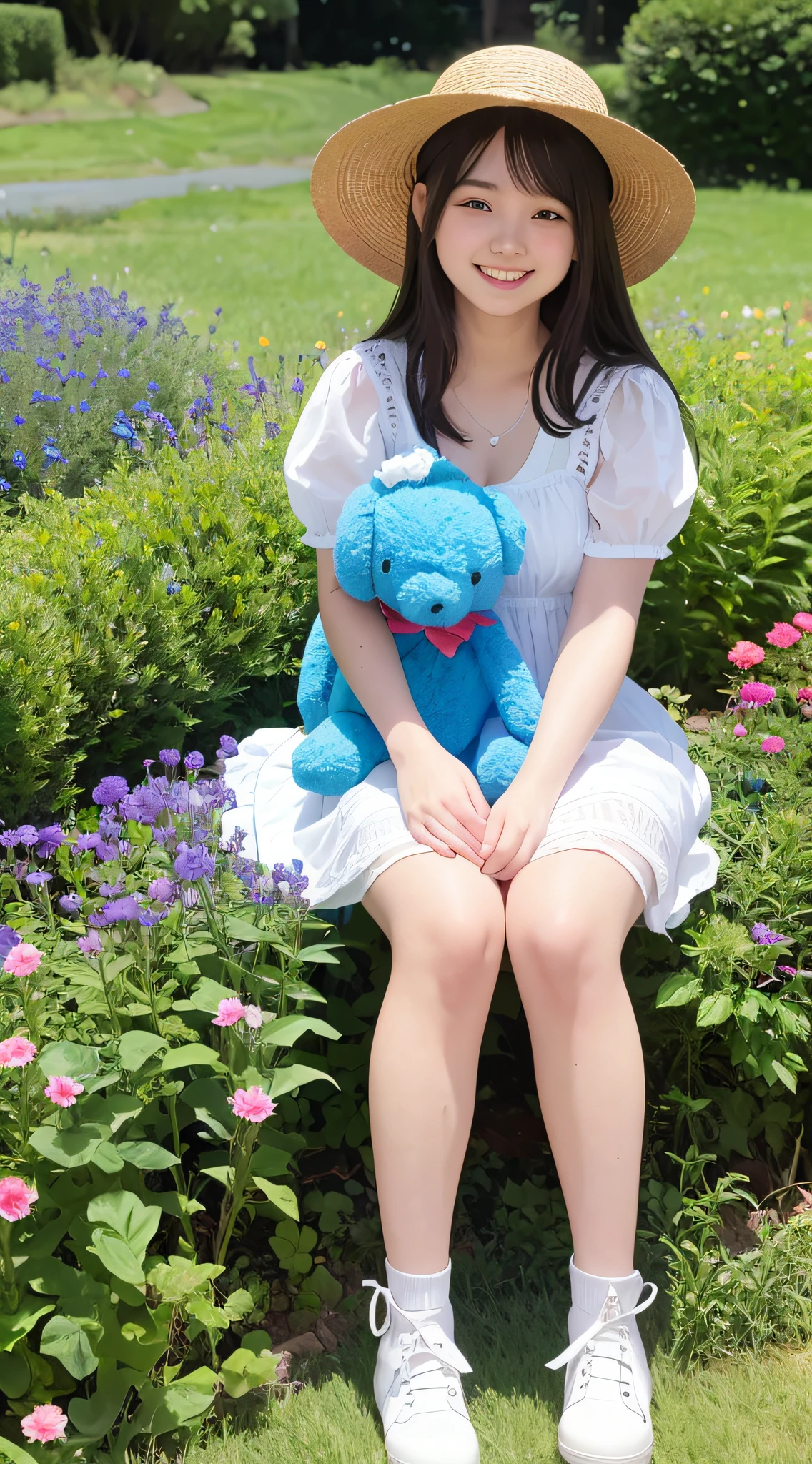 A 20-year-old girl wearing a straw hat and a dress smiling in a flower garden, with a stuffed blue dog beside her.