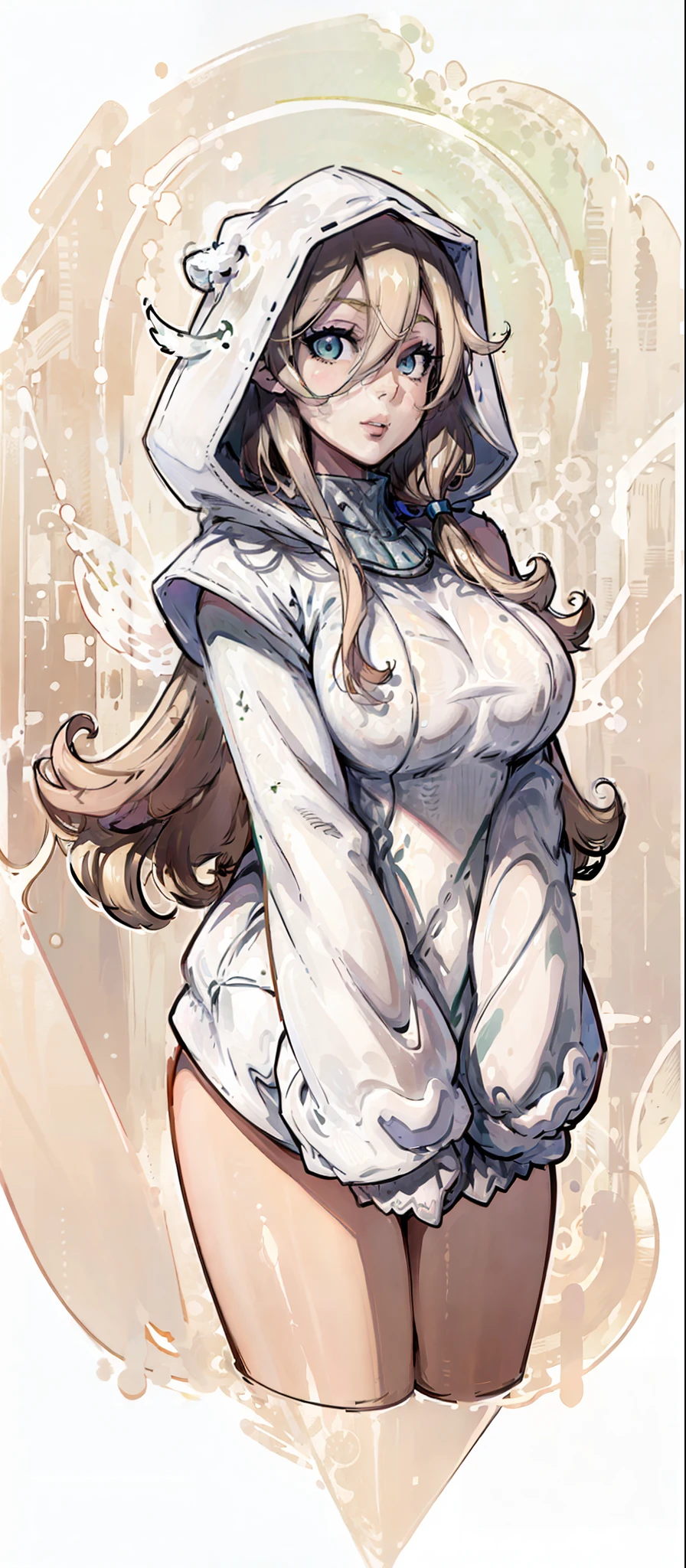 ((masterpiece, illustration, strong contours 1girl, solo, sharp focus, 8k, ultra-detailed)), (blonde beige hair:1.3), ((young, huge breasts)), white skin (pink), long hair, very long hair, green eyes, dark green eyes, selfie, portrait, focus on face, Elf ears, (oversized hood, monochrome white hood:1.3), beautiful, digital art, beautiful, perfection, ((transparent background, monochrome background)), (((no errors))), ((well detailed)), (((extremely well done)))