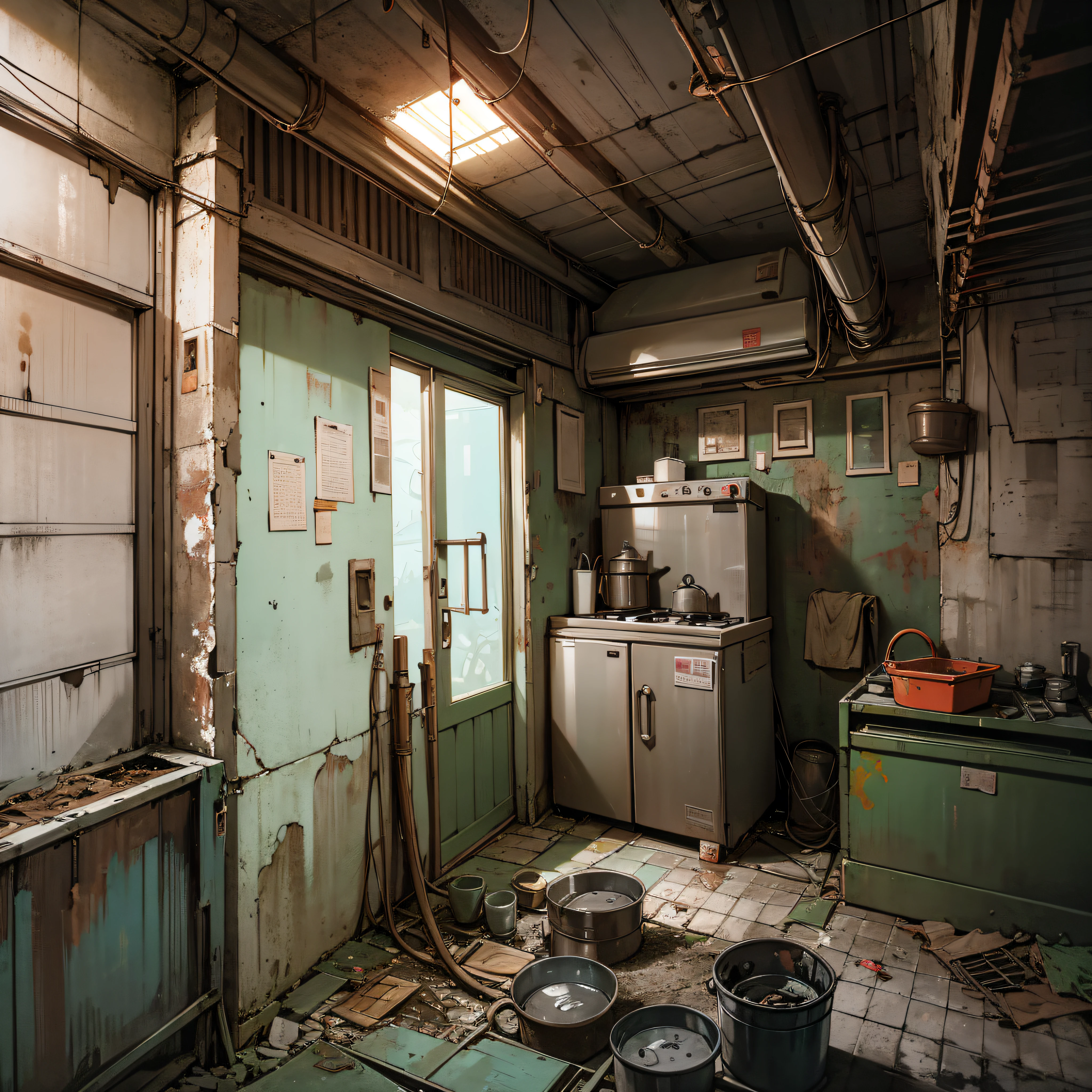 Abandoned house, kitchen, pot, Dojunkai apartment Surreal and very detailed illustrations, images with objects very loaded, viewpoint from below, dirty cement stairs with cracks, trash cans, metal walls, cables, poles, rusty pipes, wall pipes, electricity meters, gray and dark walls, empty boxes, old paper on the floor, damaged wall paint, metal and rusty scrap, mechanical parts (rusty, brown), dim lighting, very dark landscape shadows, red and green neon lights, moisture, wooden, entrance, evening, toys, cute, lots of green empty bottles, tableware, refrigerator --auto --s2