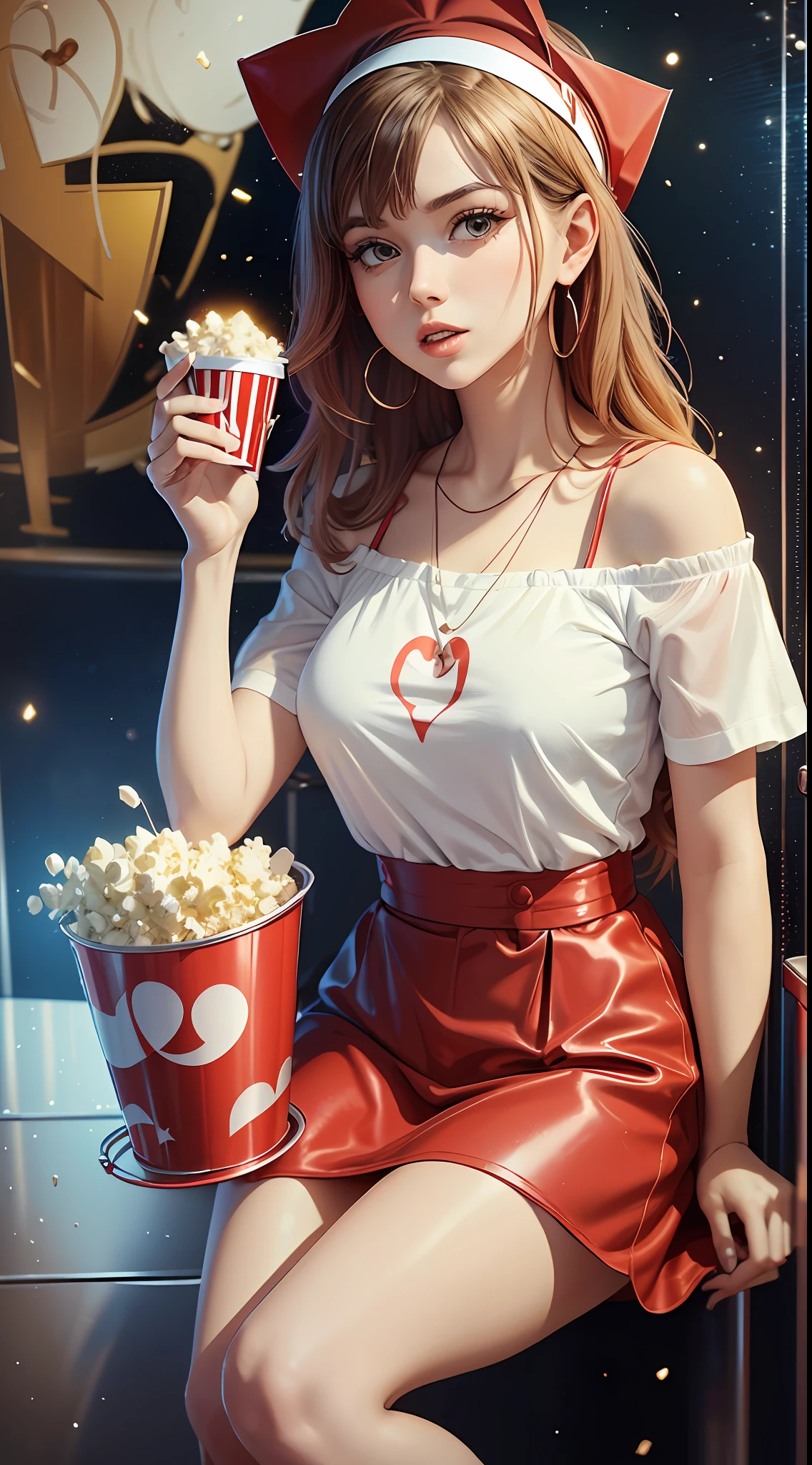 Young woman in red dress eating popcorn in a yellow bucket written POP4Ü --auto --s2