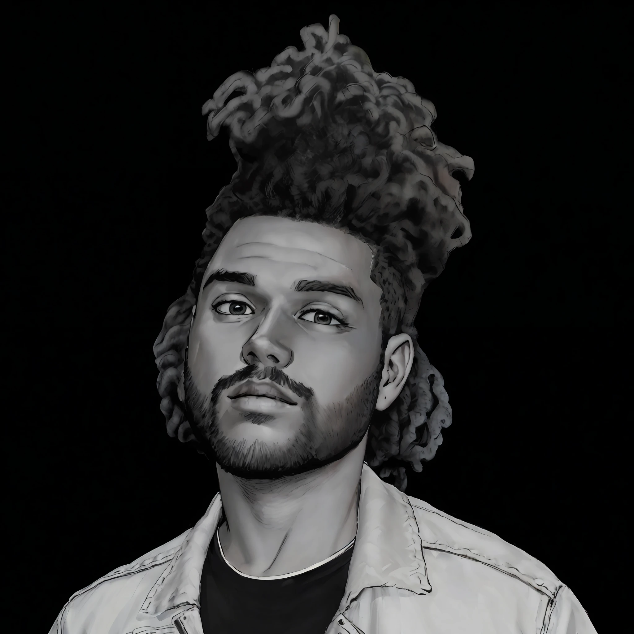 ((((best quality))), (((ultra detailed))), (((masterpiece))), illustration,(cover style illustration of The Weeknd magazine with denim jacket), posing in front of a colorful and dynamic background. The text on the cover should be bold and attention-grabbing, with the magazine title and a catchy title. The overall style should be modern and modern, with a focus on fashion and lifestyle), wallpaper,crowds,fashion,lipstick,ray tracing,depth of field,street,in public,day 1man,solo,looking at the viewer, bright skin, ((short Dread hair))) (((dark)). ((Dark)) ((mysterious))