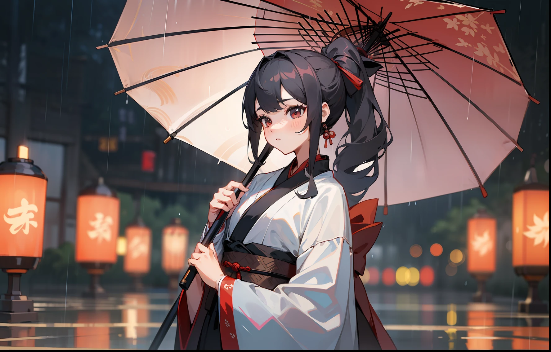 Masterpiece, best quality, high quality, very detailed CG unified 8k wallpaper, girl with long black ponytail, wearing cool costume Hanfu, handsome, standing fairy satin Chinese style, rainy , rainy day bokeh, costume