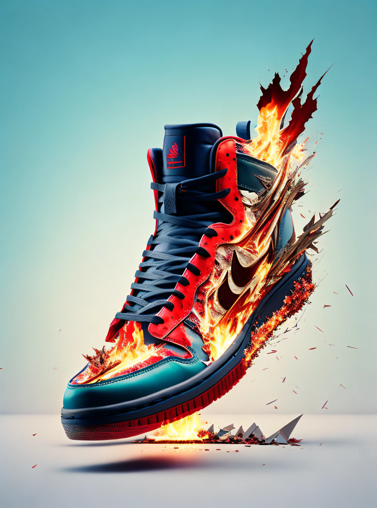 shoeai, sneakers, a shoe made out of fire, shards of blood, powerful explosion