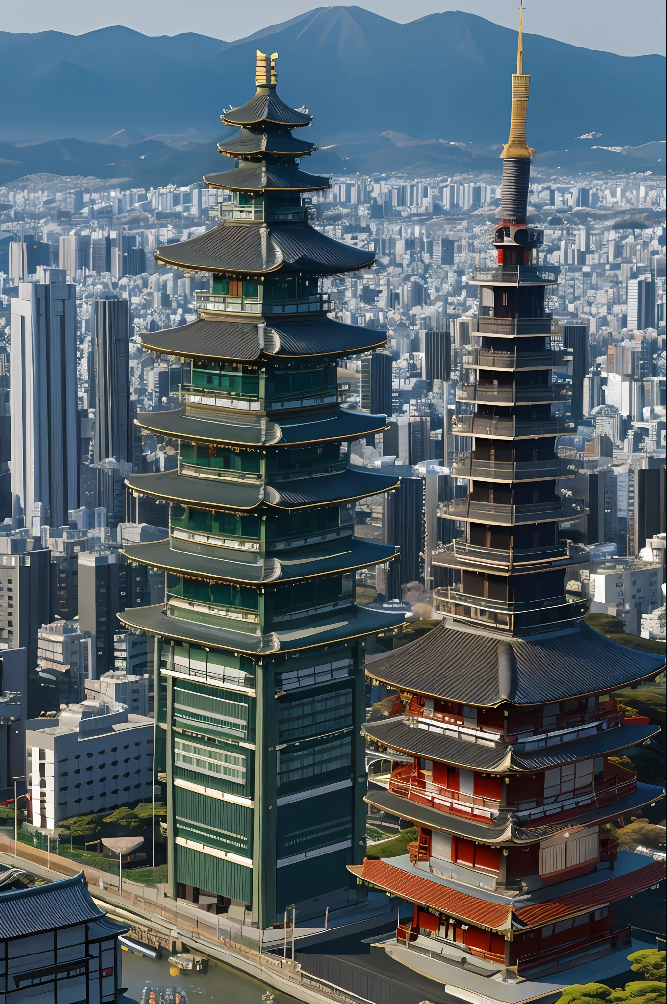 Highly detailed image quality, best quality, ultra-detailed, photorealistic, detailed cityscape of Japan 1000 years later