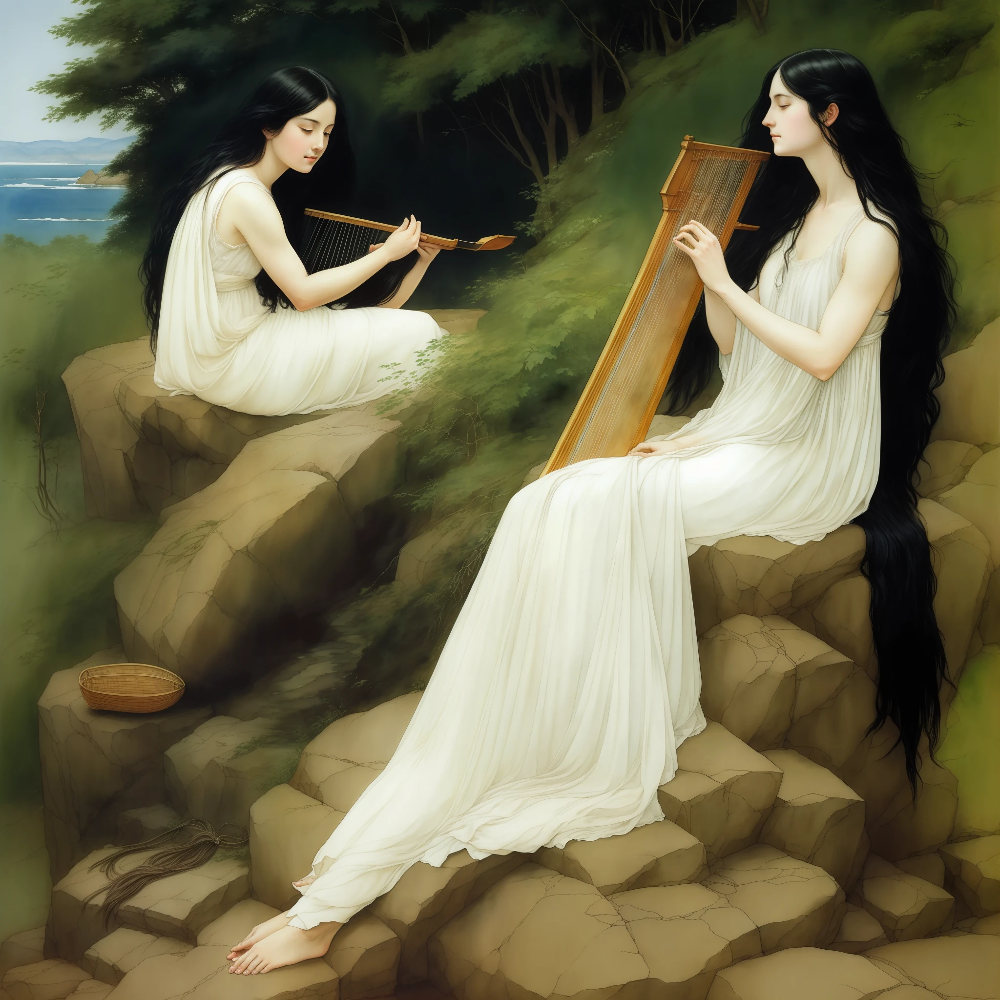 A woman, long black hair, white skin, sitting on a rock, playing a harp, a watercolor painting by Alan Lee, super detailed.
