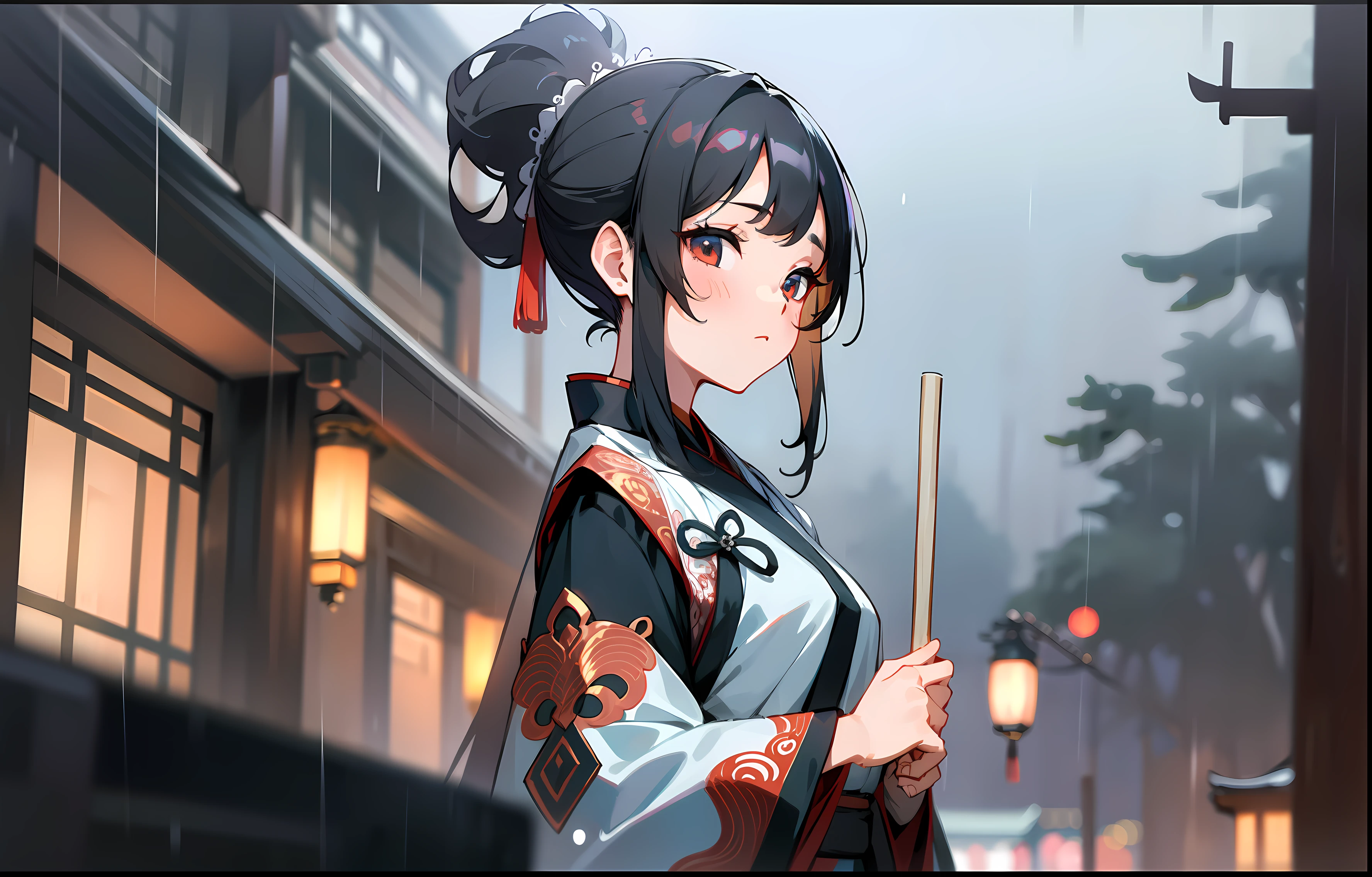 Masterpiece, best quality, high quality, very detailed CG unified 8k wallpaper, girl with long black ponytail, wearing cool costume Hanfu, handsome, standing fairy satin Chinese style, rainy , rainy day bokeh, costume