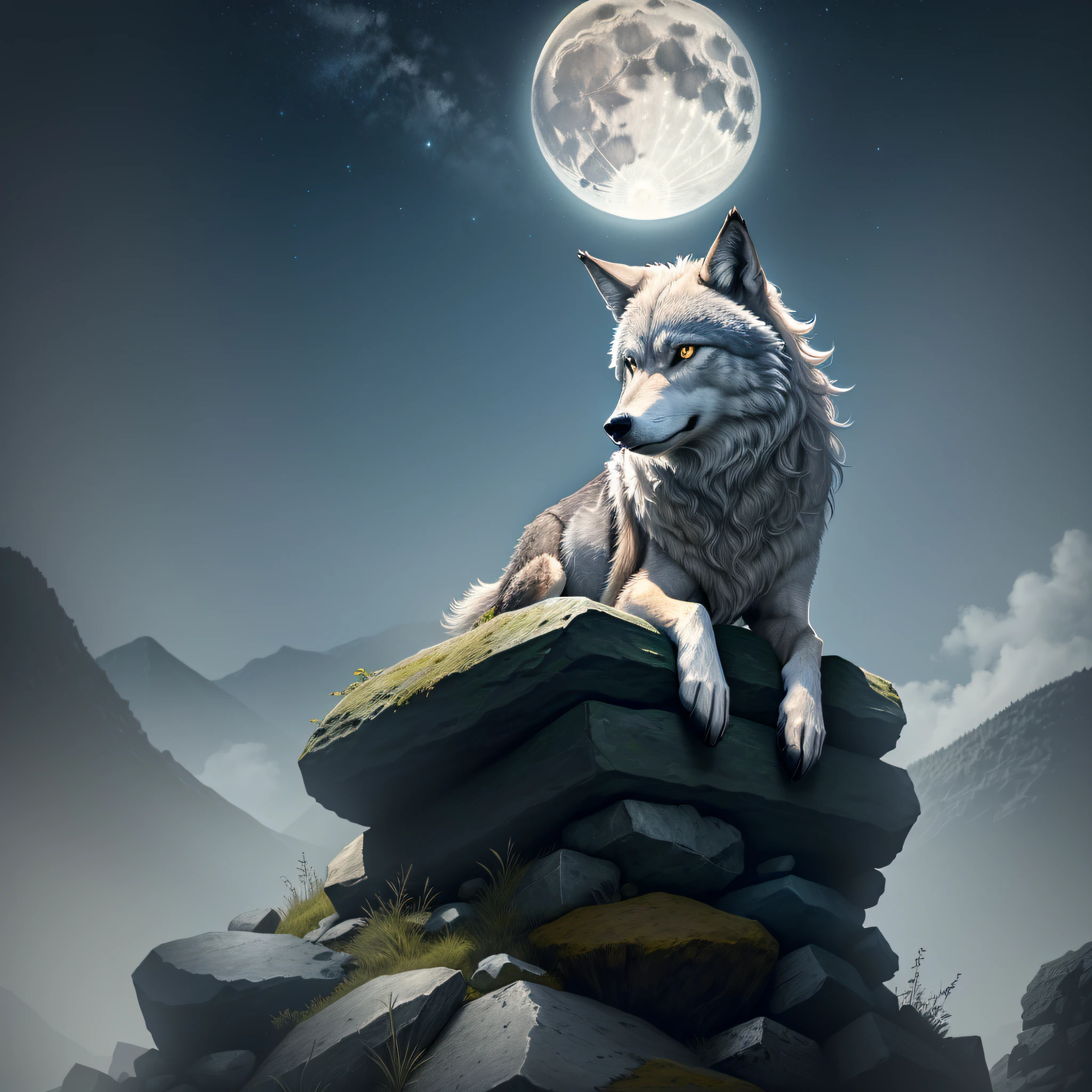 single wolf sitting on a stone pile on a hill. Midnight. Bright moon in the sky. Long shadows of the wolf
