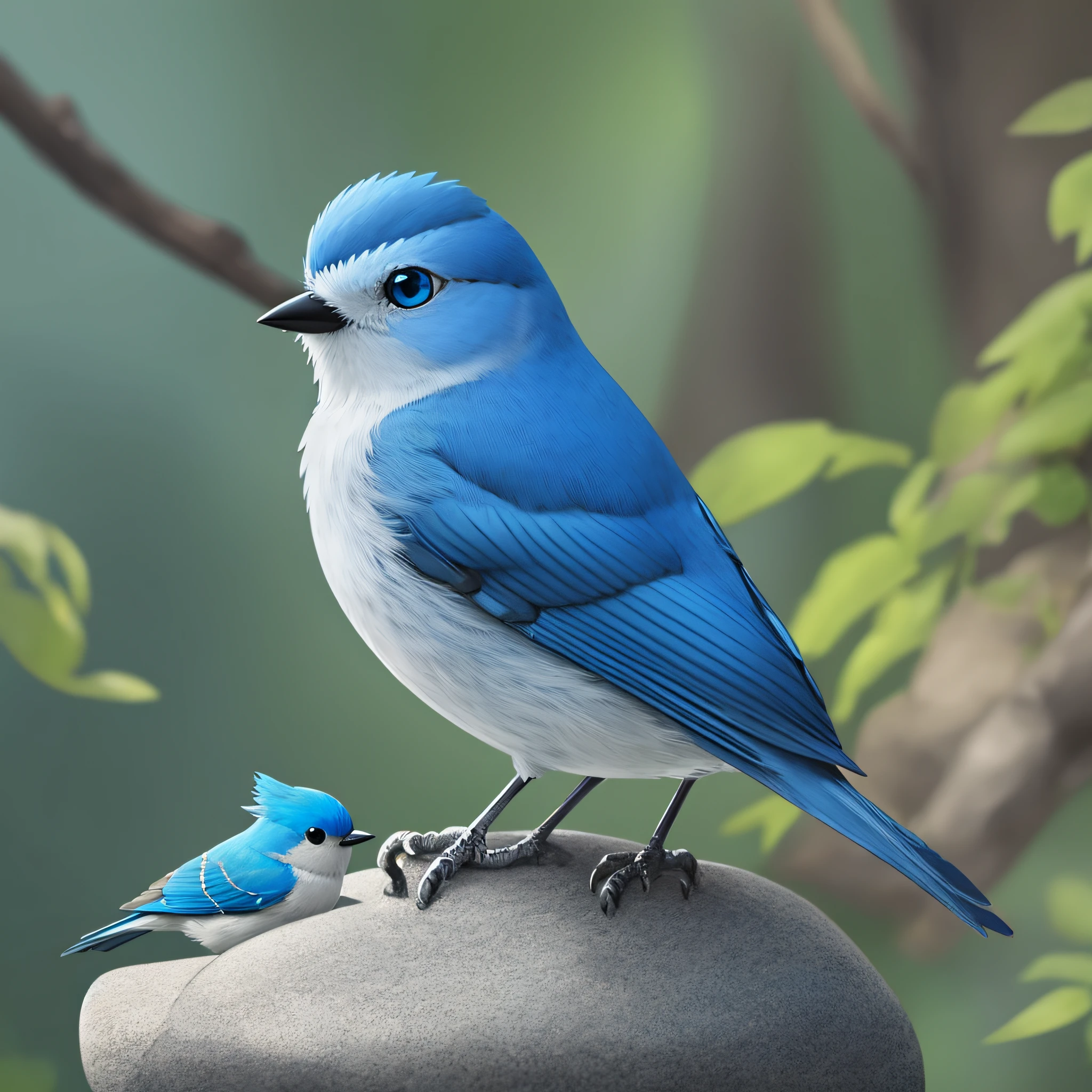 there is a blue bird with blue eyes sitting on a stone looking forward, birb, blue bird, lovely digital painting, beautiful detailed digital art, beautiful digital art, character, realistic illustration, titmouse animation style, clean shaded cel vector art, digitally painted, fast, birds, realistic blue 3 d render --auto --s2