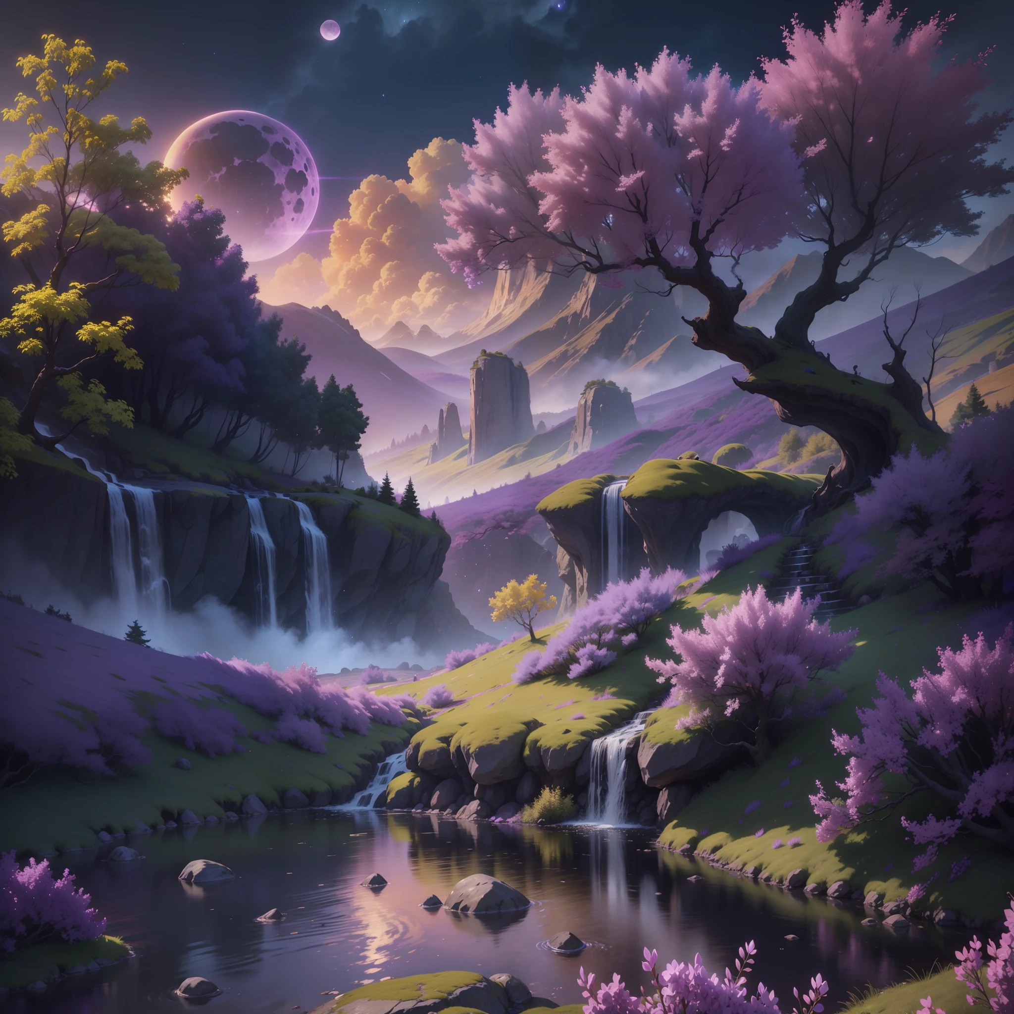 extremely detailed 8k wallpaper, subsurface scattering, dramatic lighting, magical medieval fantasy setting, natural landscape of lilac tree trunks, yellow leaves, floating rocks with waterfalls gushing out of them, purple sky with three moons, one of each color in the skies , unicorns grazing near the horizon