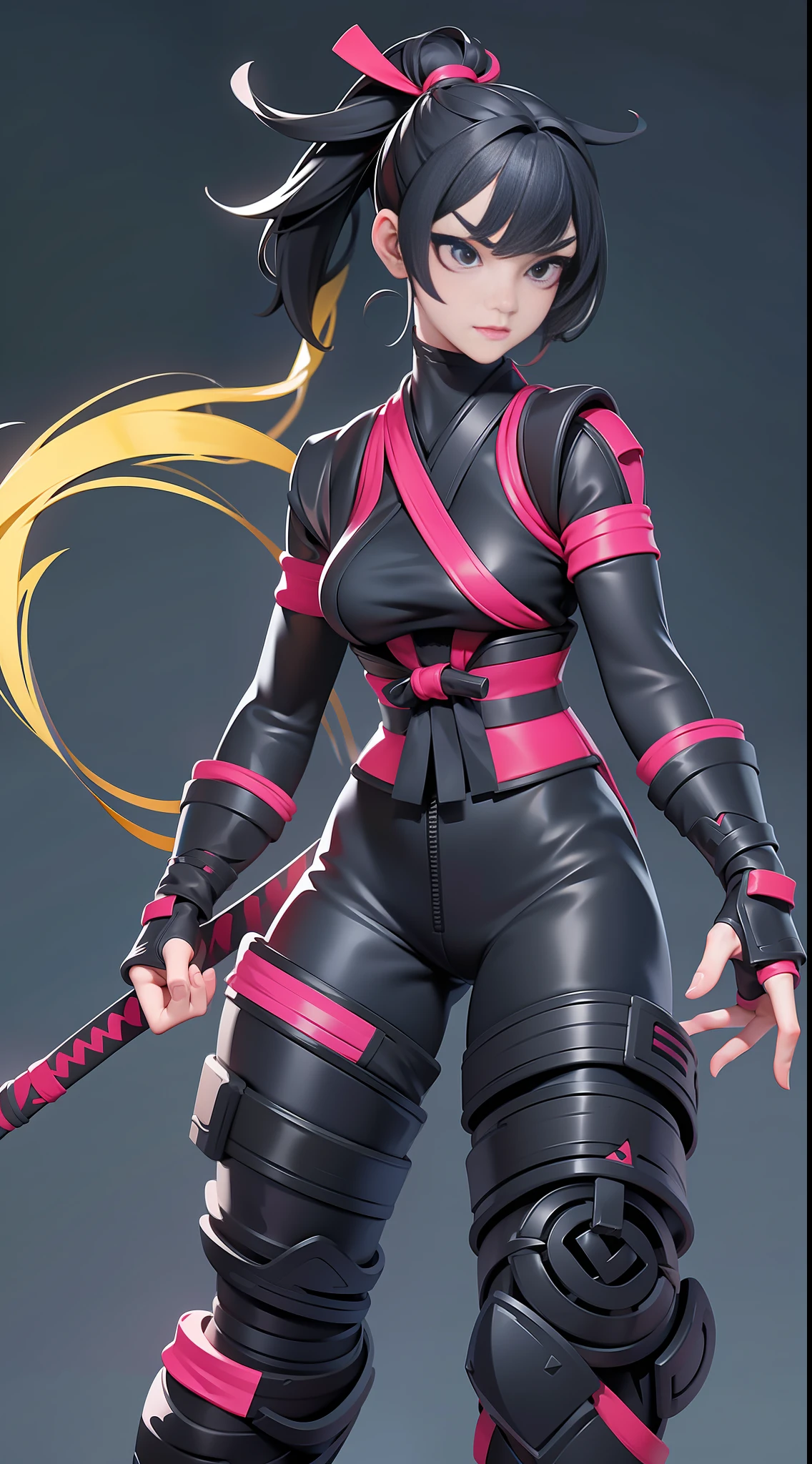 full body picture Unreal Engine 5 8K UHD of beautiful female, Japanese female ninja, ninja and Kunoichi outfit, body straps, katana on the back, Japanese short hair style, beautiful make up, best quality, masterpiece