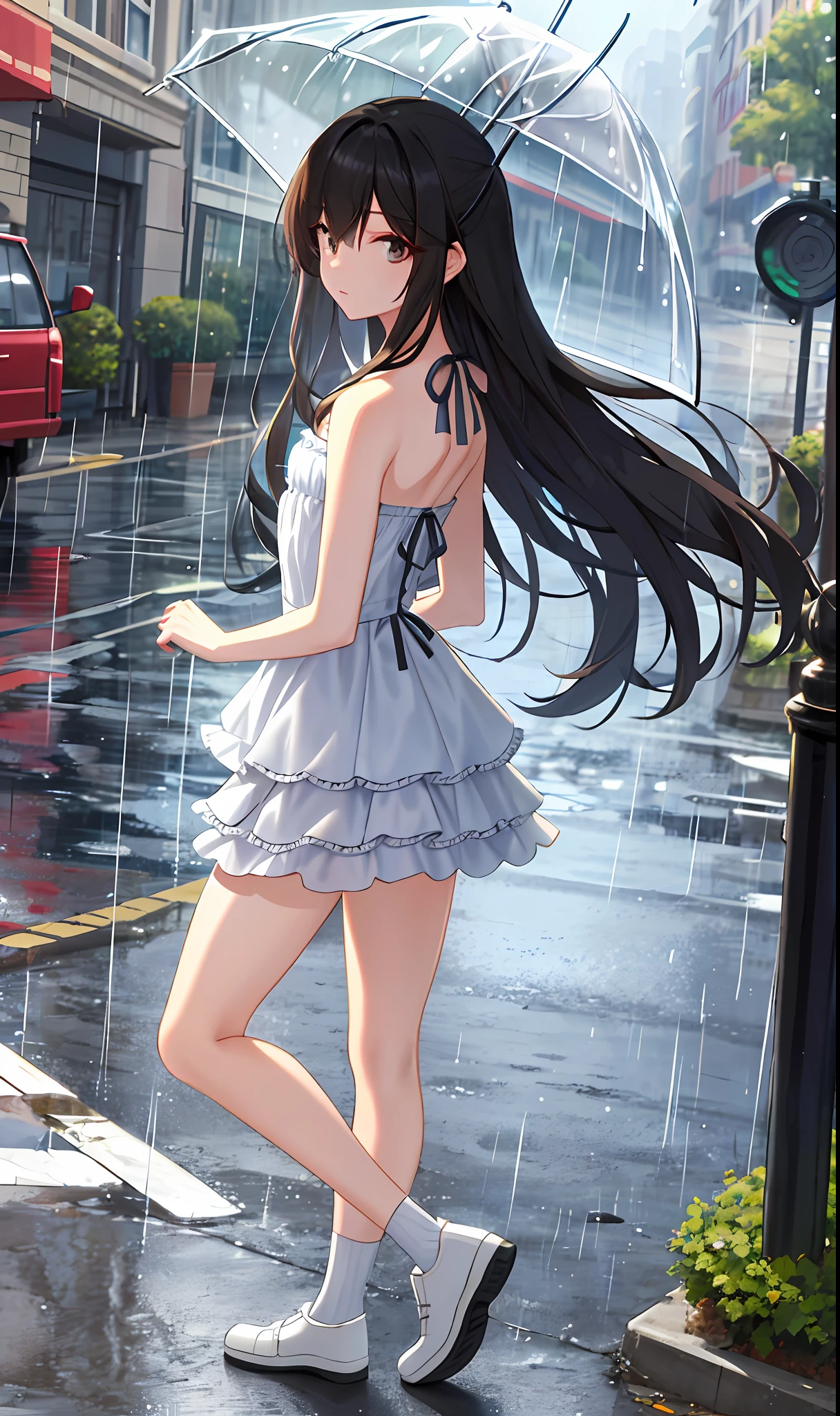 ((Best Quality, 8k, Masterpiece: 1.3)), Focus: 1.2, Perfect Body Beauty: 1.4, Buttocks: 1.2, ((Layered Haircut, Flat Chest: 1.2)), (Rain, Street:1.3), Bandeau Dress: 1.1, Highly Detailed Face and Skin Texture, Fine Eyes, Double Eyelids, Whitened Skin, Long Hair, (Shut Up: 1.3), Full Body