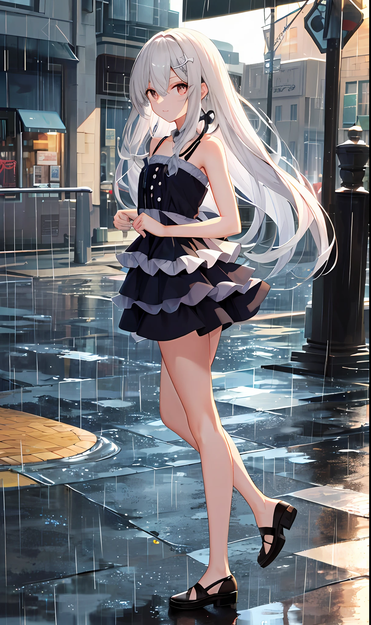 ((Best Quality, 8k, Masterpiece: 1.3)), Focus: 1.2, Perfect Body Beauty: 1.4, Buttocks: 1.2, ((Layered Haircut, Flat Chest: 1.2)), (Rain, Street:1.3), Bandeau Dress: 1.1, Highly Detailed Face and Skin Texture, Fine Eyes, Double Eyelids, Whitened Skin, Long Hair, (Shut Up: 1.3), Full Body