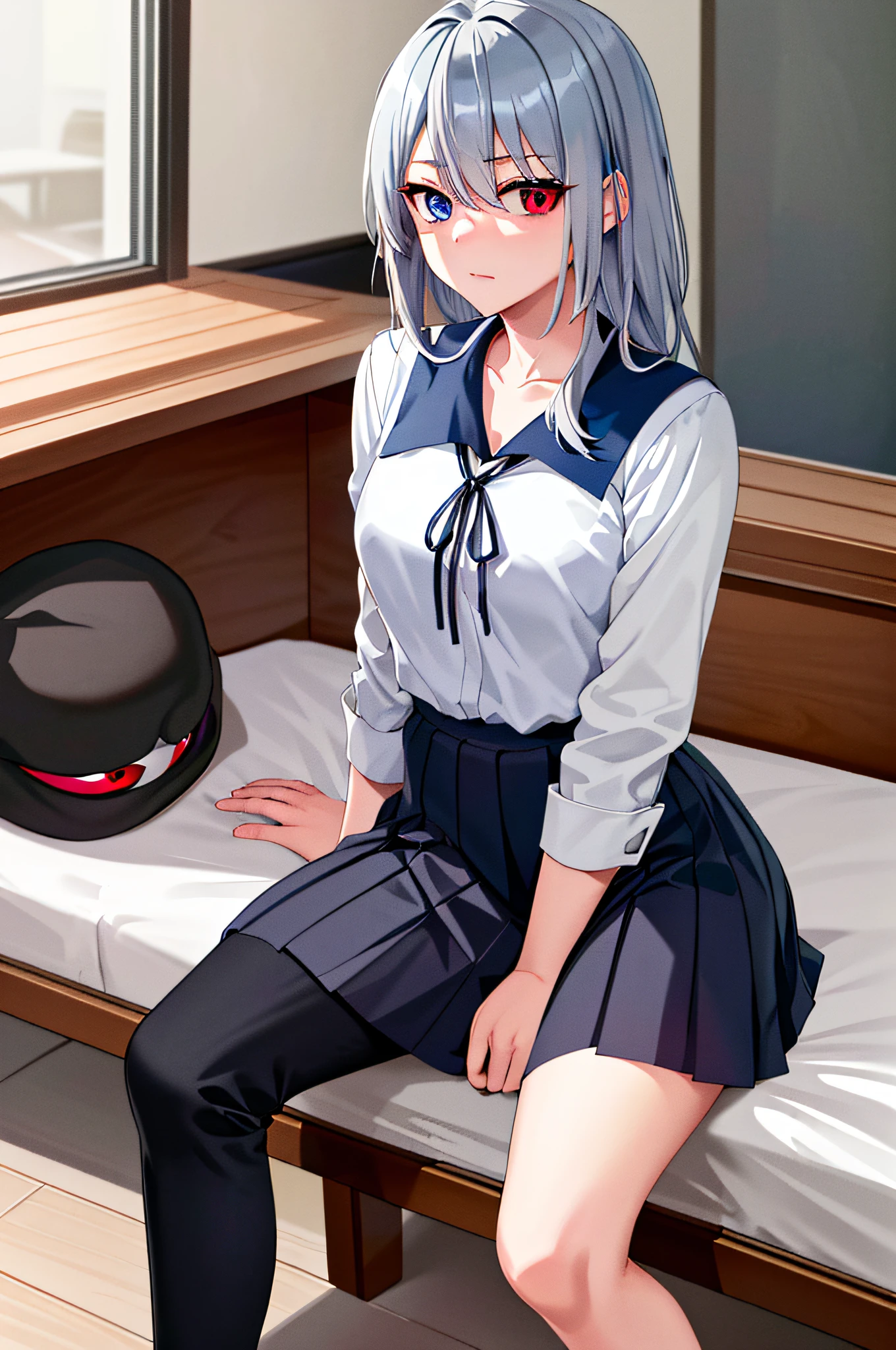 (((masterpiece))), (((best quality))), highres, ((((1girl she has gray hair with blue eyes and 1boy he has short black hair with red eyes who are classmates)))), ((((They have different hair colors and eyes don't confuse)))), (draws Kei and kiyotaka ayanokoji looking at each other), (2schoolmates who are Kei and kiyotaka ayanokoji looking at each other), (kei1), (1girl), solo, ((((she has blue eyes)))), (she has long hair), (she wears a school uniform), (she has ribbon), (she has bangs), collarbone, she has gray hair, she has black hair band, she has neck ribbon, hair between her eyes, she has medium breasts, cowboy shot, she is looking seriously at kiyotaka ayanokoji, anatomically correct whole body, is inside a school room, is sitting on a bed with her legs together, full detached scenary, (1boy), (kiyotaka ayanokoji), 15-year-old teenager, school uniform white shirt black jacket open jacket red tie long black pants sitting, ((((he has red eyes)))), ((he has short black hair)), anatomically correct whole body, he has a jesus necklace around his neck, normal legs, wears black shoes, (he's looking at Kei1 or the girl), he's sitting in a chair, he's facing Kei, (full detail escenario)