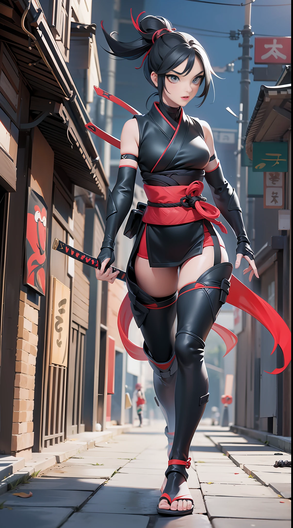 full body picture Unreal Engine 5 8K UHD of beautiful female, fantasy world, Japanese female ninja, ninja and Kunoichi outfit, body straps, katana on the back, Japanese short hair style, beautiful make up, running silence on the roof, best quality, masterpiece
