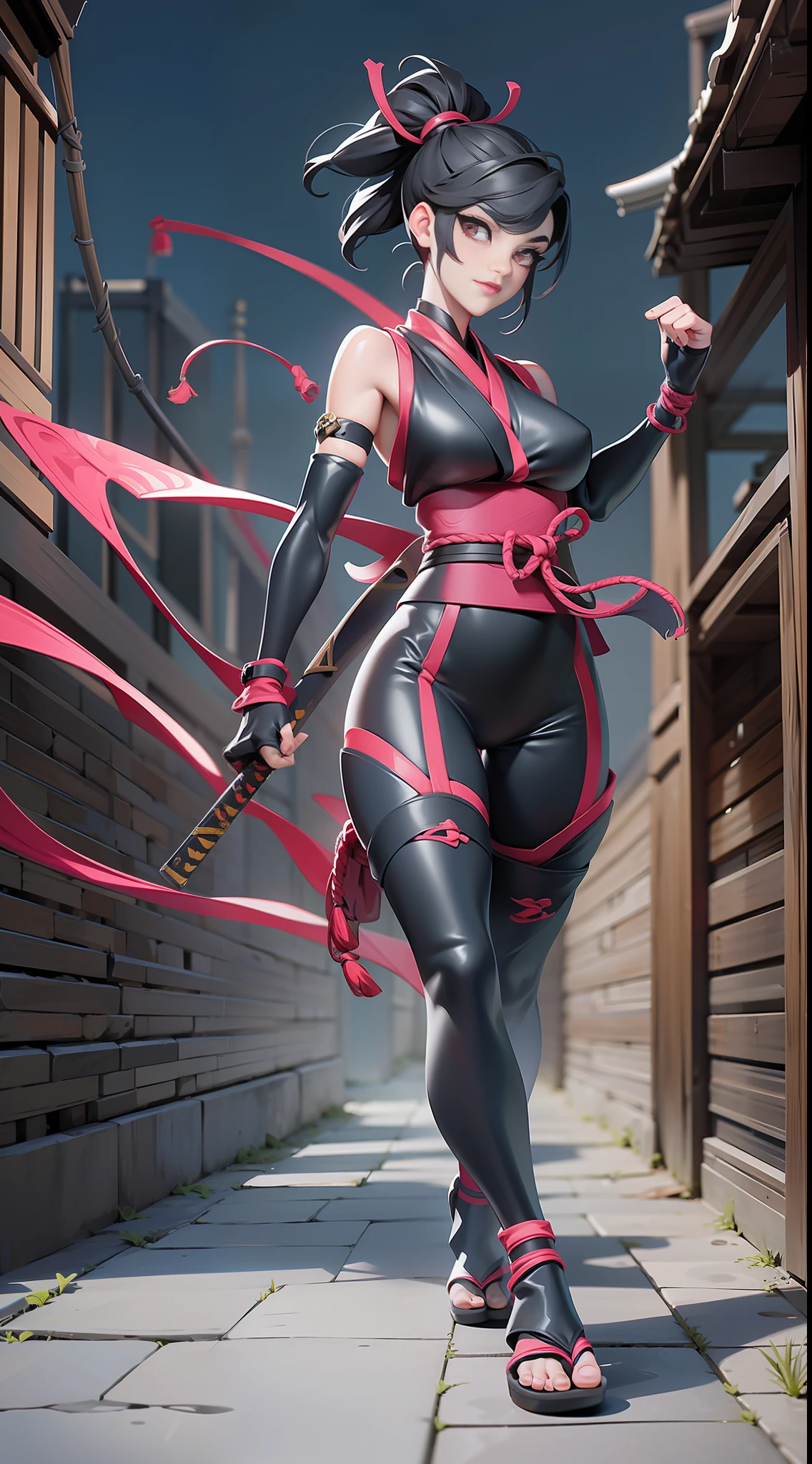 full body picture Unreal Engine 5 8K UHD of beautiful female, fantasy world, Japanese female ninja, ninja and Kunoichi outfit, body straps, katana on the back, Japanese short hair style, beautiful make up, running silence on the roof, best quality, masterpiece