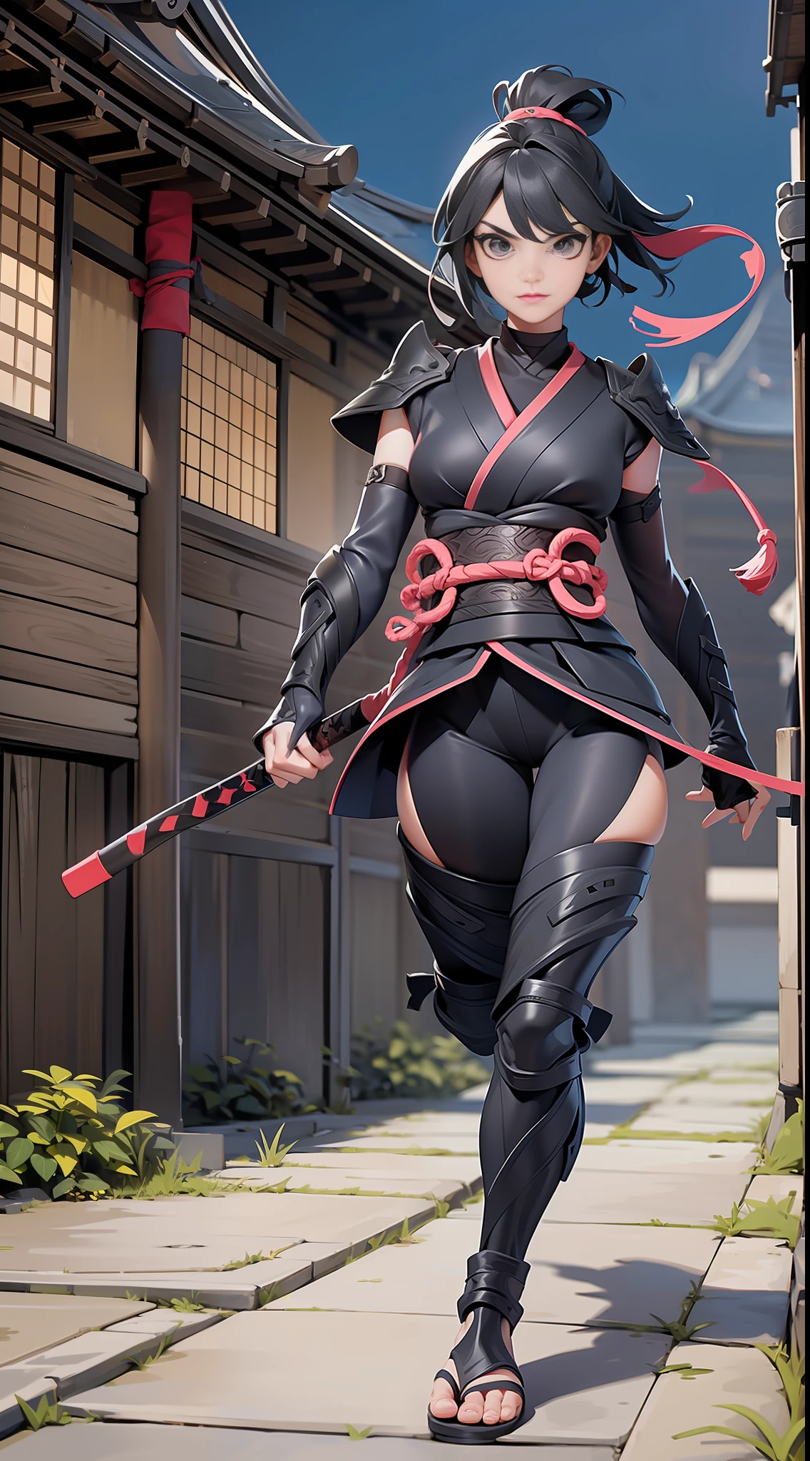 full body picture Unreal Engine 5 8K UHD of beautiful female, fantasy world, Japanese female ninja, ninja and Kunoichi outfit, body straps, katana on the back, Japanese short hair style, beautiful make up, running silence on the roof, best quality, masterpiece