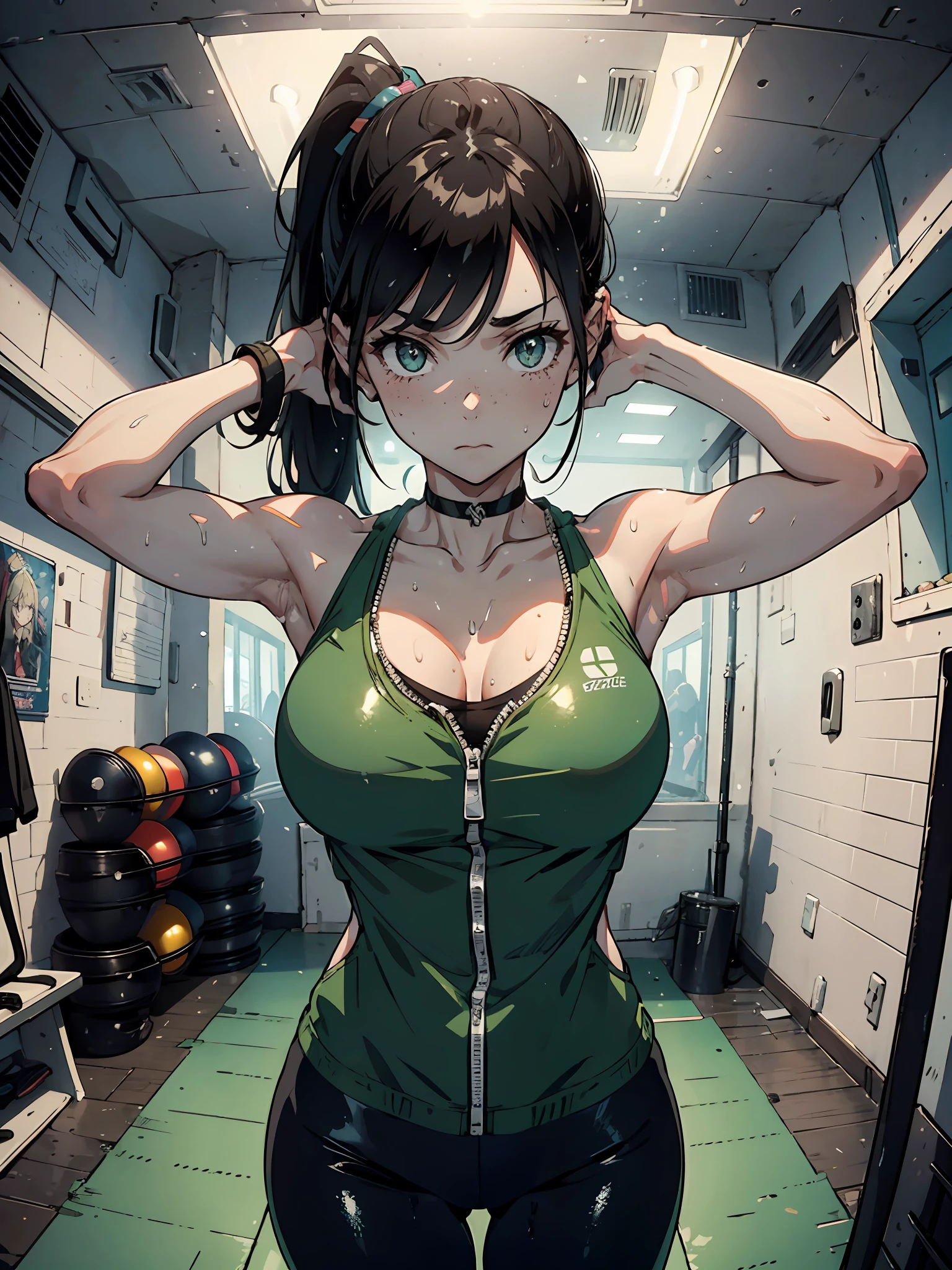 solo, A beautiful brunette girl with shiny green eyes, wearing tight leggings and a zip-up sweater, her sweater is on her arms and unzipped, She is in a detailed gym with equipment in the background, she is wearing shoes, Sweat drips down her body and legs, her hair is longer and in a high ponytail, Her face is more detailed and realistic, freckles visible. She is fully visible, and the image is a masterpiece. she is standing by a treadmill, she is wearing a choker necklace and the image is ultra high detailed, her body is perfect, she has a visible cameltoe and a perfect ass, she also has medium sized breasts and her bra is very tight, 8k resolution with perfect lighting, she has a perfect body, she is not looking at the viewer, (she has sweat on her ass and breasts), she is in the gym alone, ((solo)), absurdres, ((1girl, solo)), ((full body))