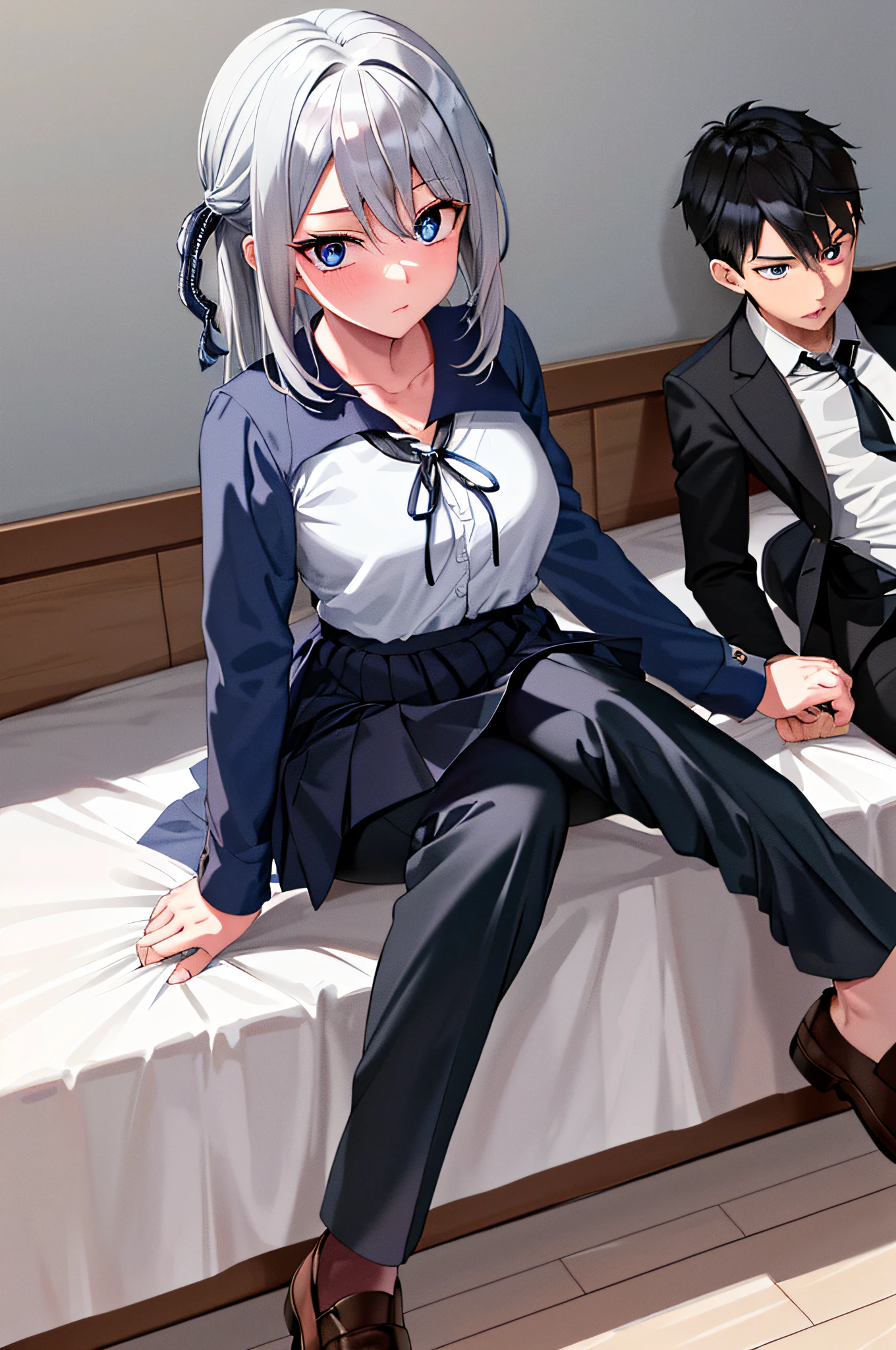 (masterpiece), (best quality), highres, ((((1girl she has gray hair with blue eyes and 1boy he has short black hair with red eyes who are classmates))))), ((((They have different hair colors and eyes do not confuse)))), (draws Kei and kiyotaka ayanokoji looking at each other), (2schoolmates who are Kei and kiyotaka ayanokoji looking at each other), (kei1), (1girl), solo, ((((she has blue eyes)))), (she has long hair), (she wears a school uniform), (she has ribbon), (she has bangs), collarbone, she has gray hair, she has black hair band, she has neck ribbon, hair between her eyes, she has medium breasts, cowboy shot, she is looking seriously at kiyotaka ayanokoji, anatomically correct whole body, is inside a school room, is sitting on a bed with her legs together, full detached scenary, (1boy), (kiyotaka ayanokoji), 15-year-old ager, school uniform white shirt black jacket open jacket red tie long black pants sitting, ((((he has red eyes)))), ((he has short black hair)), anatomically correct whole body, he has a jesus necklace around his neck, normal legs, wears black shoes, (he's looking at Kei1 or the girl), he's sitting in a chair, he's facing Kei, (full detail escenario)