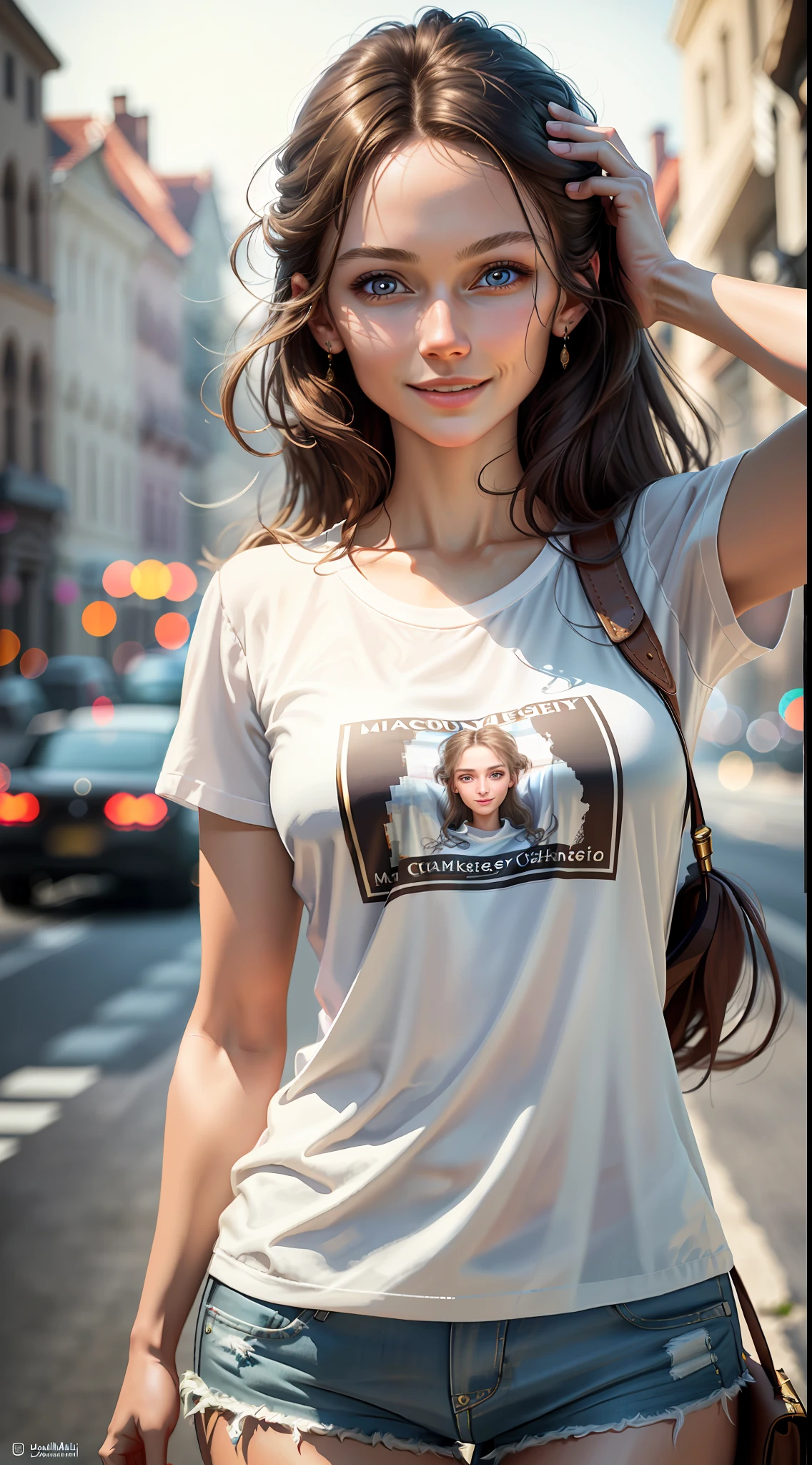masterpiece, maximum quality, ultra high resolution, 8k, Daniela Melchior, full body, very thin, very detailed face, face totally identical to the film, detailed eyes, cheerful smile, smooth and soft pellet, wearing a micro shorts and t-shirt