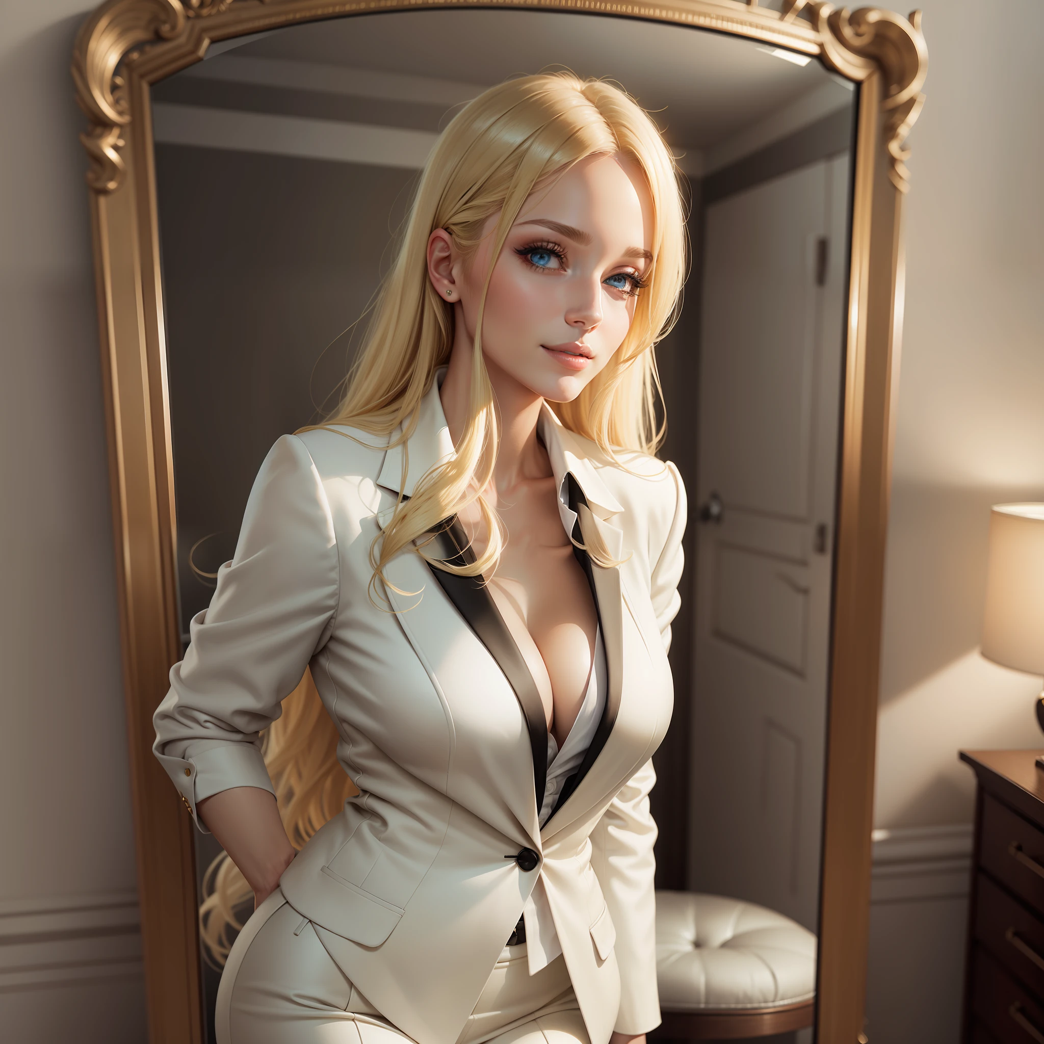 Ultra realistic image of a beautiful blonde woman, light eyes, dressed in a formal ensemble with a black blazer and a white blouse underneath, looking at herself in a mirror, happy, morning light